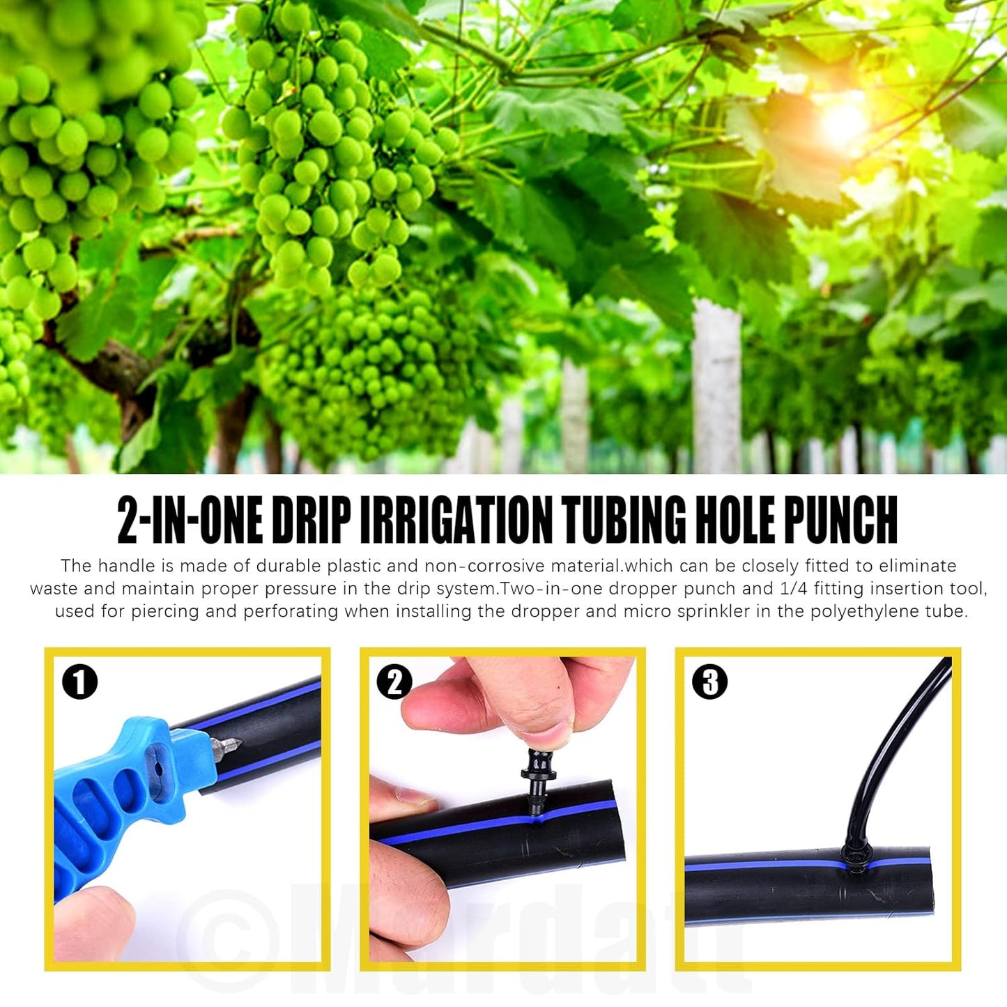 32Pcs Drip Irrigation Tubing Hole Punch & Fitting Insertion Tool with 1/2" 3/8” Drip Tube Closure Connectors End Cap Plugs for 5/8" 25/32" 1" Pipe Garden Greenhouse Agricultural Watering