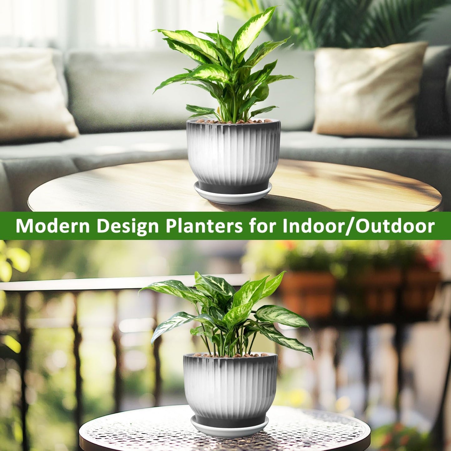 8 Inch Plant Pot, Ceramic Planter with Drainage and Saucer, Ceramic Pots for Plants, Indoor Plant pots,Ceramic Flower pots(Black + White, Plants NOT Included)