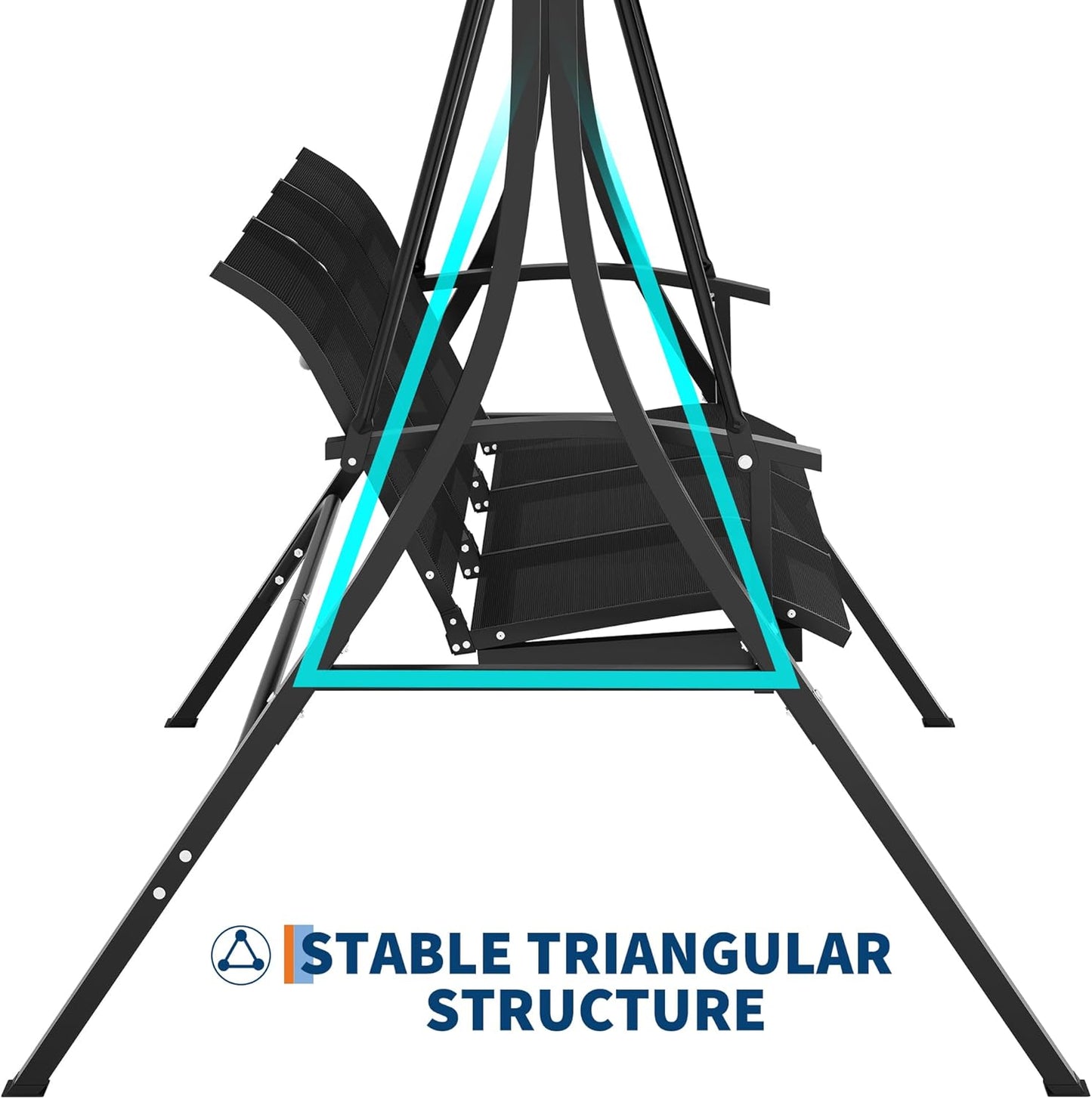 3-Seat Outdoor Patio Swing Chair, Porch Hanging Chairs with Adjustable Canopy, Armrests and Breathable Textilene Fabric, Hanging Swing Bench for Garden, Poolside, Backyard – Black