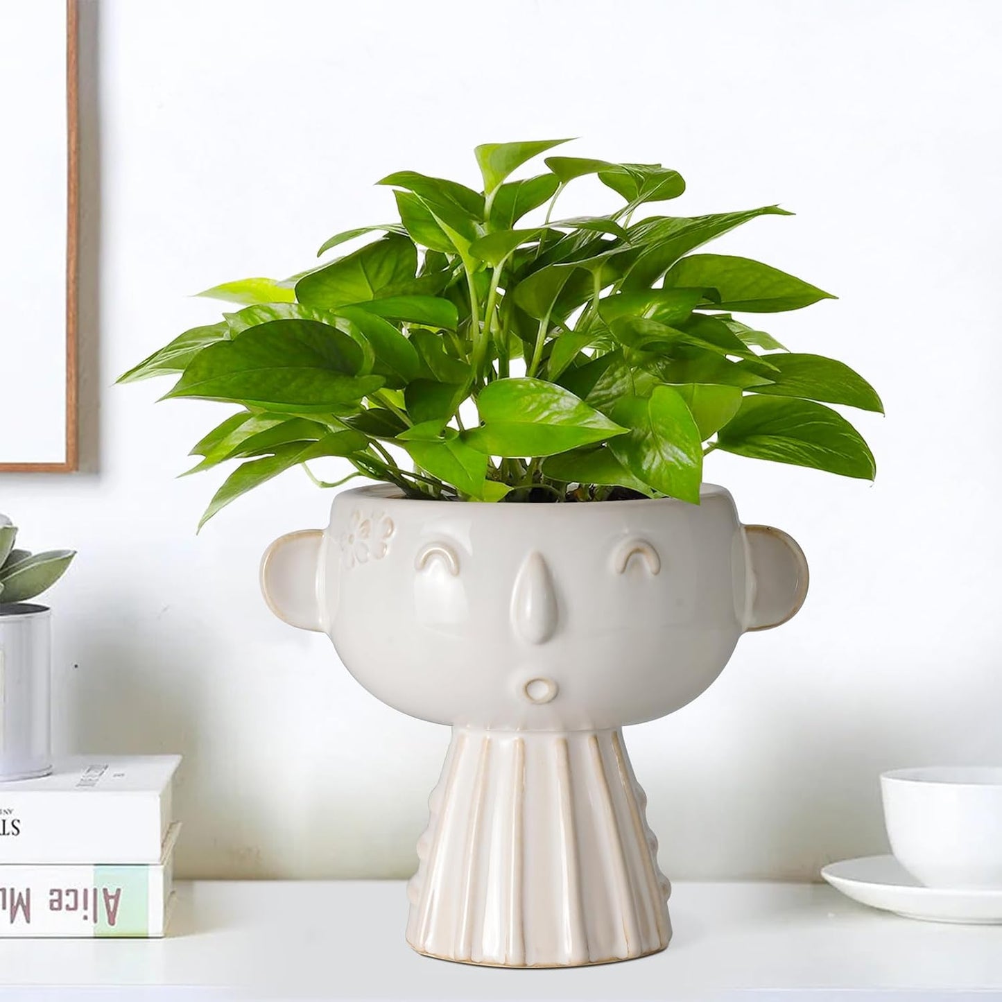 Face Planter Pot 7 Inch - Cute Ceramic Flower Head Planter for Indoor Outdoor Succulent Pot with Drainage Hole Flower Pot Present for Mother Christmas White