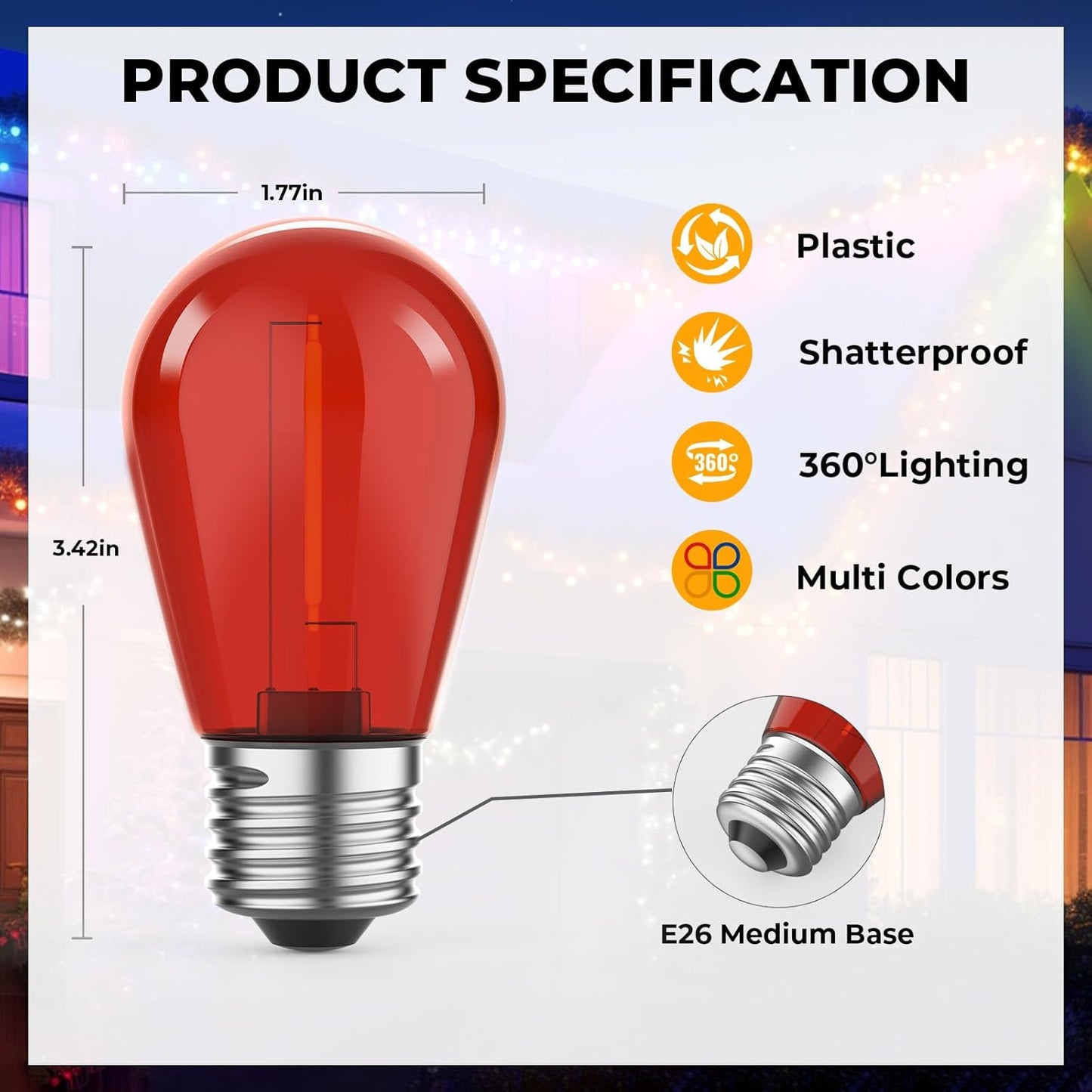 36 Pack LED S14 Colored Light Bulbs for Outdoor String Lights, Shatterproof 1W Replacement Bulbs for Party Lights, 2200K Warm White, Dimmable, E26 Base, Multi-Color: Red/Green/Blue/Orange