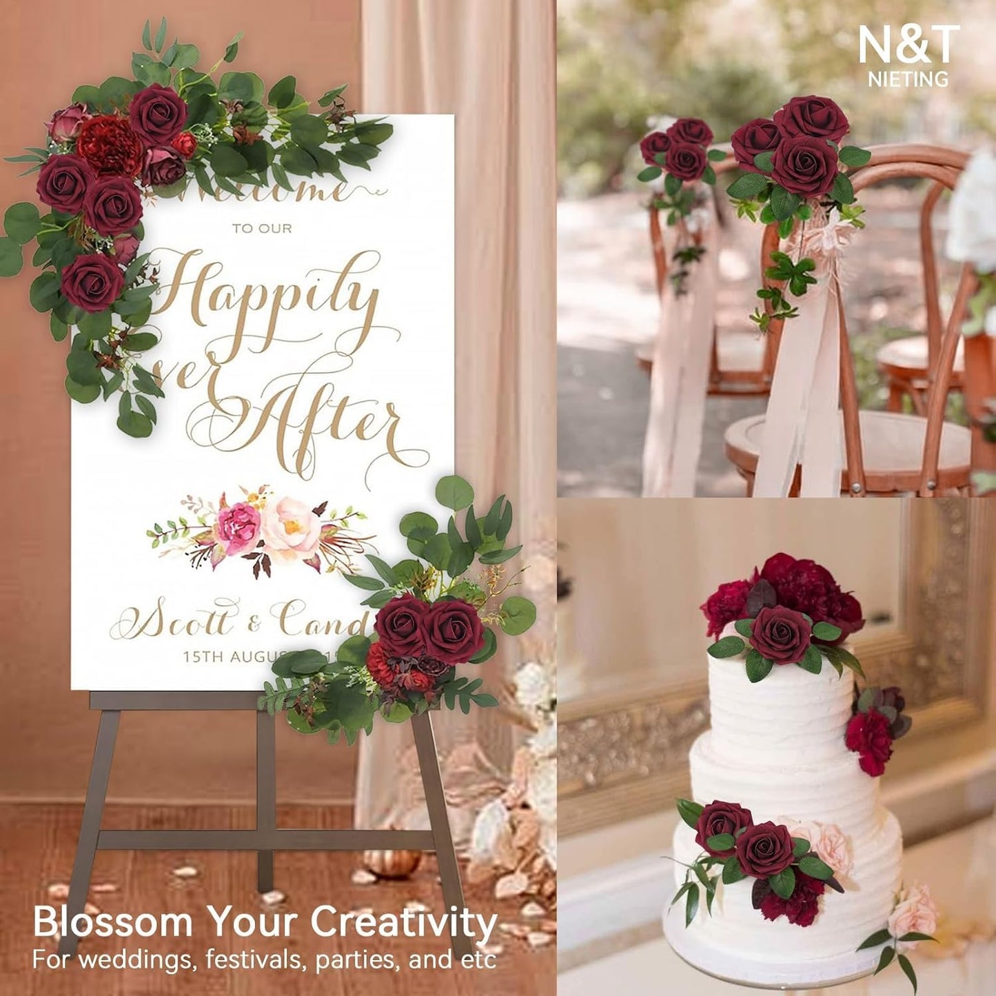 N&T NIETING Artificial Flowers, 25Pcs Fake Flowers Roses Perfect DIY Wedding Bouquets Centerpieces Bridal Shower Party Valentine's Day Home Flower Arrangement Decorations, Dark Red