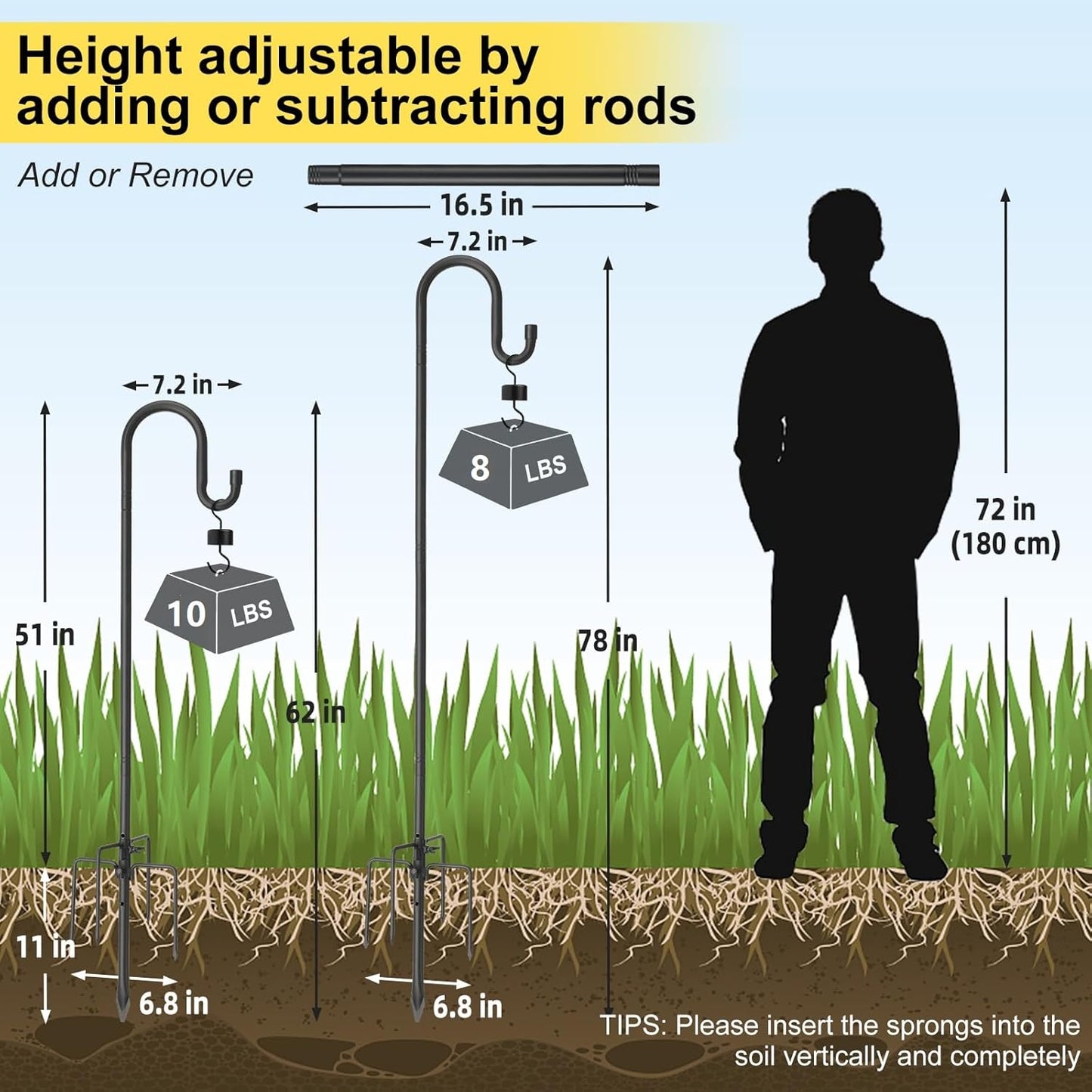 78 Inch Extra Tall Shepherd Hooks for Outdoors, Heavy Duty Metal Garden Hooks for Hanging Plants, Bird Feeders, Lanterns – Rust-Proof Steel with 5 Fork Base, Black