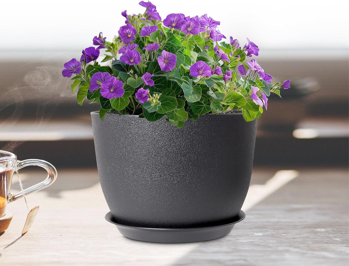12 inch Large Plant Pots, Plastic Planters with Drainage Holes and Saucers, Flower Pots for Indoor Outdoor Plants, Modern Decorative Pots for Garden House Plants, Black