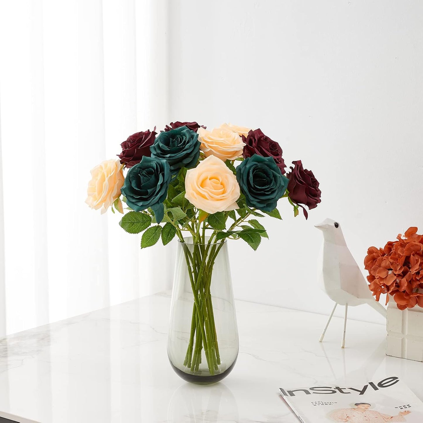 Artificial Rose 10pcs Open Flower Bouquet Faux Rose Stems for Wedding Arrangement, Bridal Bouquet, Centerpiece, Fake Faux Silk Flowers (Champagne)