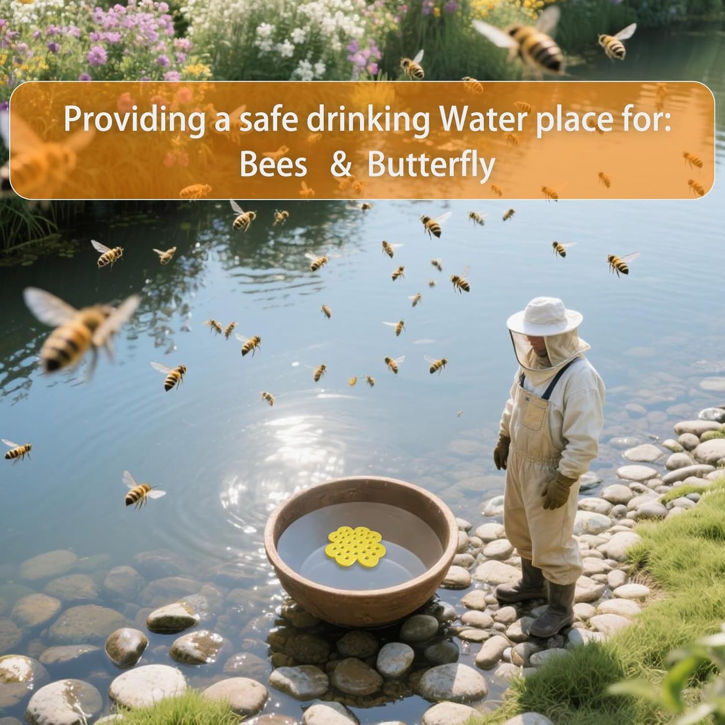 4 Pack Floating Bee Island, Bee Watering Station for Outdoor Garden, Butterfly Water Feeder and Garden Decor