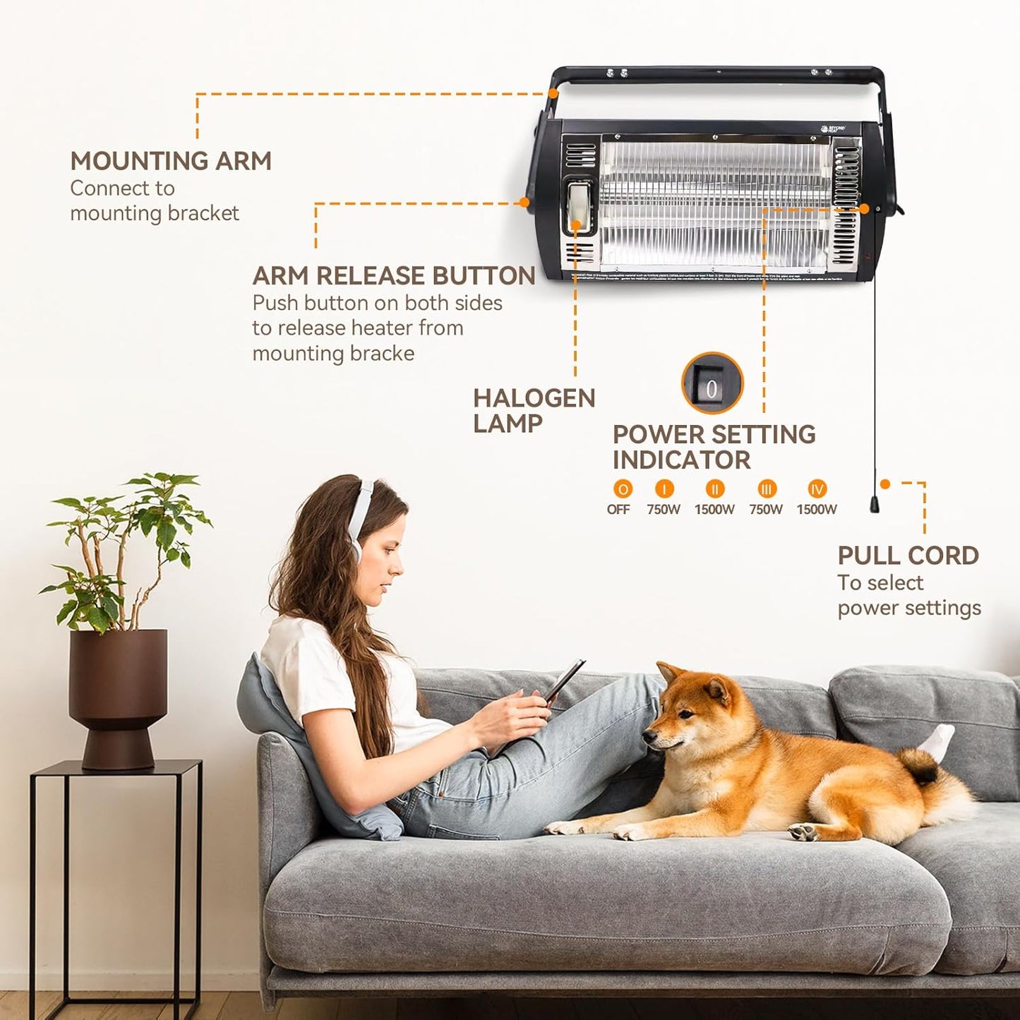 Electric Garage Heater 120V, 750/1500W Ceiling Mount Space Heater for Garage, Shop, Patio with 90° Adjustable Tilt, Dual Quartz Radiant, Safety Metal Grille and Overheat Protection, 2-Pack