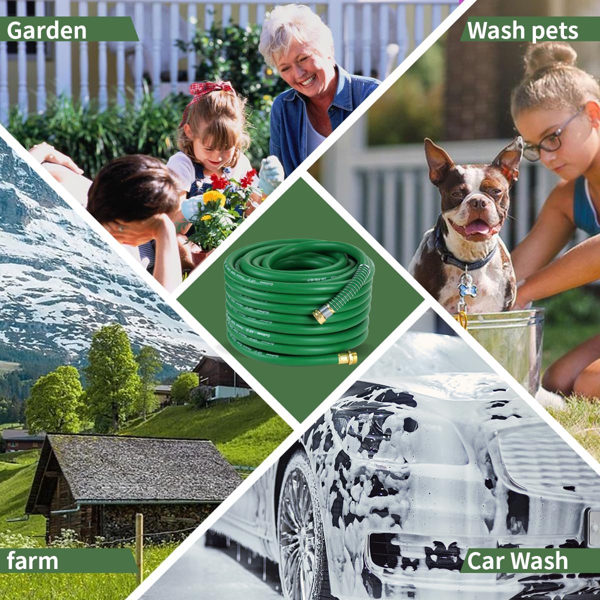 75FT 5/8 Heavy Duty Rubber Garden Hose - 200psi Working, 1000psi Burst - Hot/Cold Water - Five-Layered Braiding for Durability - Versatile for Gardening, Agriculture, Construction(Green)