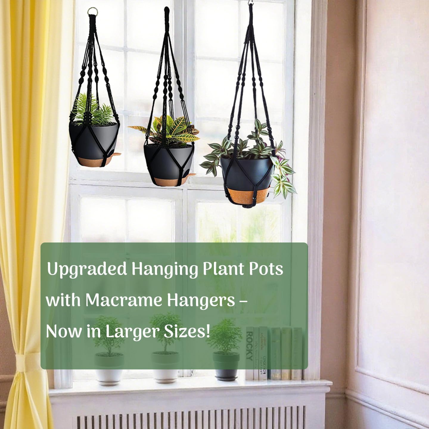 3 Pack Self Watering Hanging Planters Macrame Plant Hangers with Indoor Flower Pots 10" / 8" / 7", 3 Different Size Hanging Basket, Plant Hanger with Hooks for Garden Home Decor Black Large