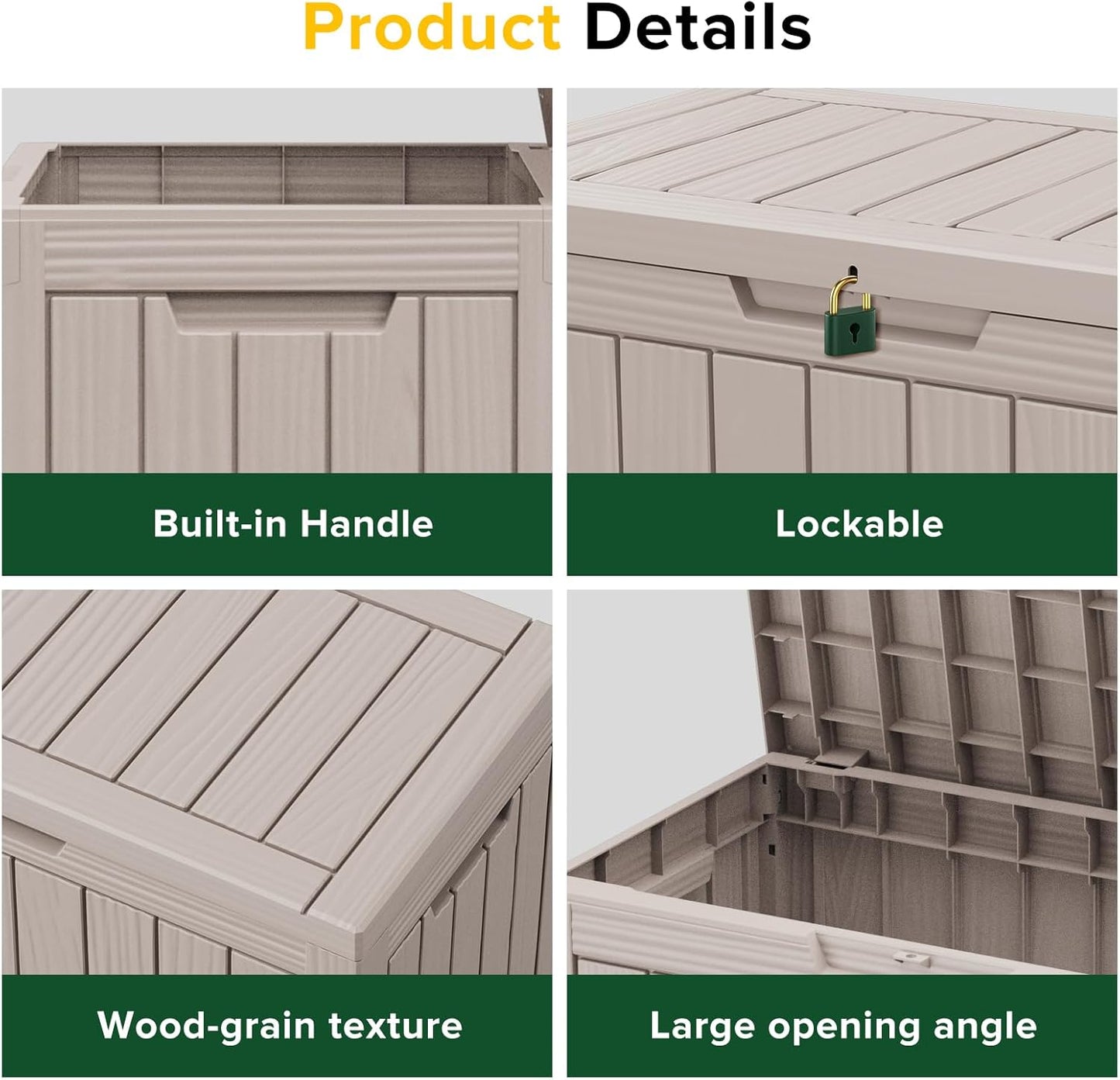 DRATO 45 Gallon Deck Box, Outdoor Storage Box for Patio Furniture, Patio Cushions, Gardening Tools, Pool Supplies 480lbs Weight Capacity,Waterproof Resin Storage Boxes (Light Brown, 45Gal)