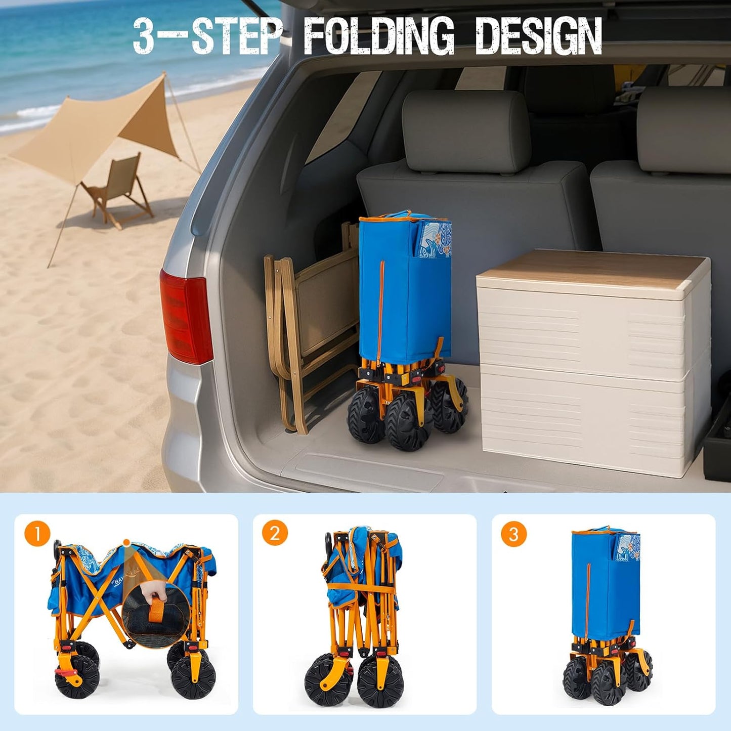 49" L Extra Long Beach Wagon with Tailgate,Big Wheels with Brake for Sand, Collapsible Utility Beach Cart Heavy Duty Folding Wagon,Ideal for Outdoor Sand Camping Garden Pet