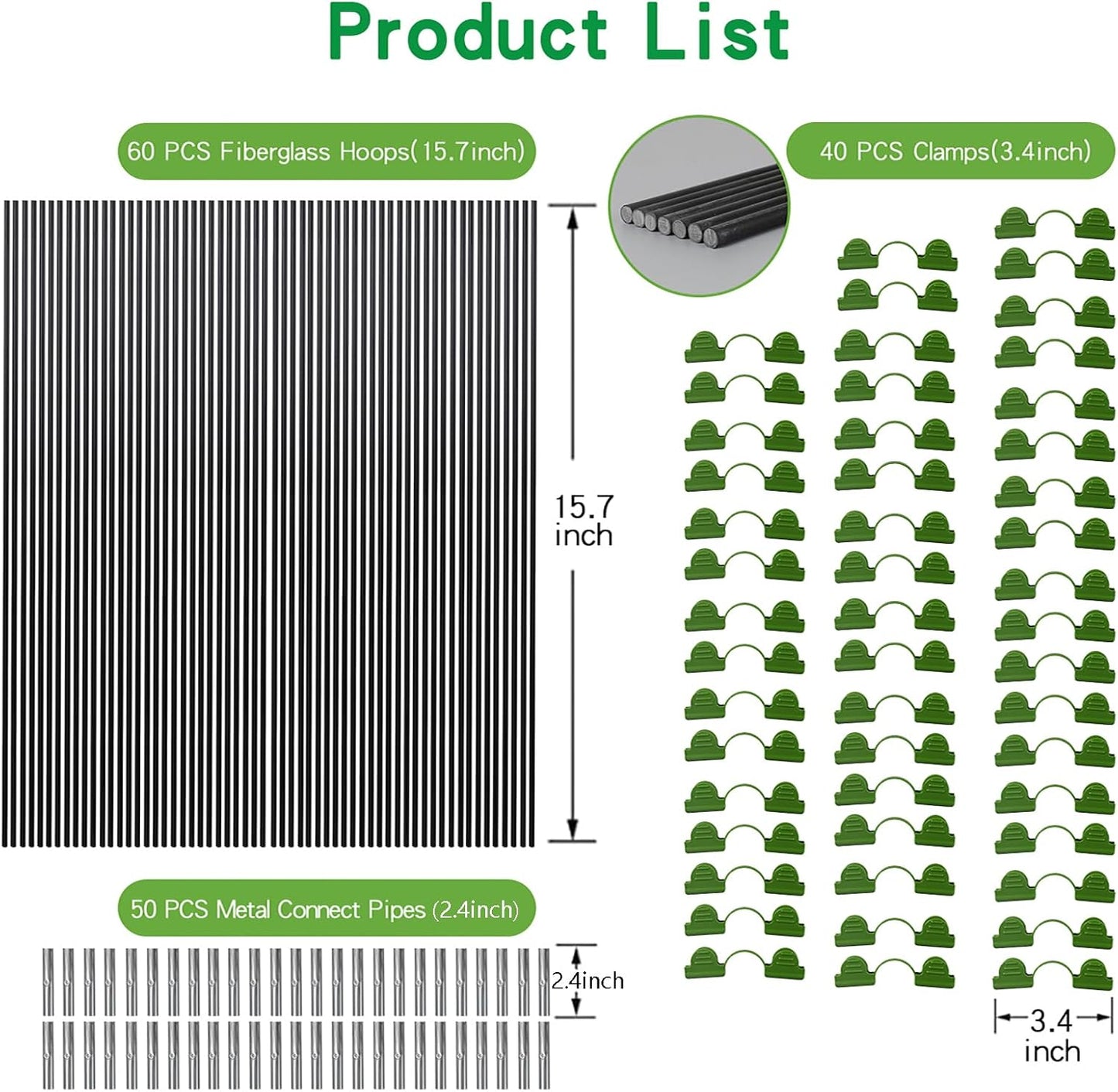 Garden Hoops Grow Tunnel, 12 Sets of 7FT Greenhouse Hoops for Raised Beds, Rust-Proof Fiberglass Frame for Garden Netting, Small Greenhouse Kit, DIY Plant Support Garden Stakes, 60 pcs