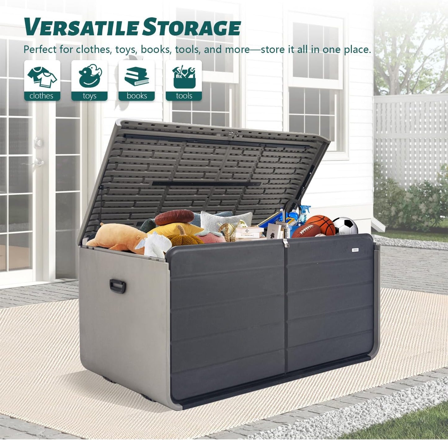 Domi 260 Gallon Outdoor Storage Box – Waterproof, UV-Resistant Deck Box with Lockable Lid for Patio Furniture, Garden Tools, Delivery Packages (Large Resin Storage Bin)