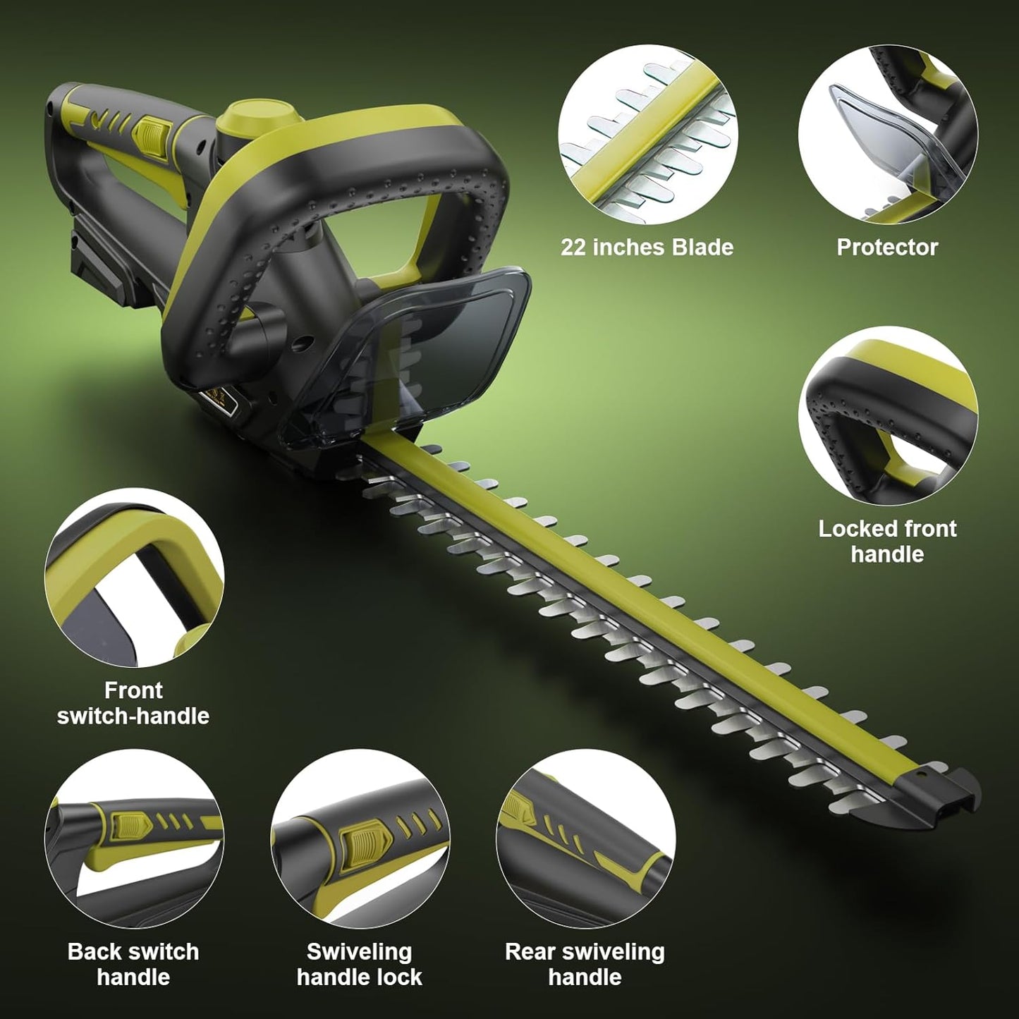 Hedge Trimmer for Dewalt 20V Battery, Cordless Hedge Trimmer with 22'' Dual-Action Blade, 1600RPM, 3/5'' Cutting Width, Rotatable Handle & Dual-Switch Design (Battery Not Included) (Green)