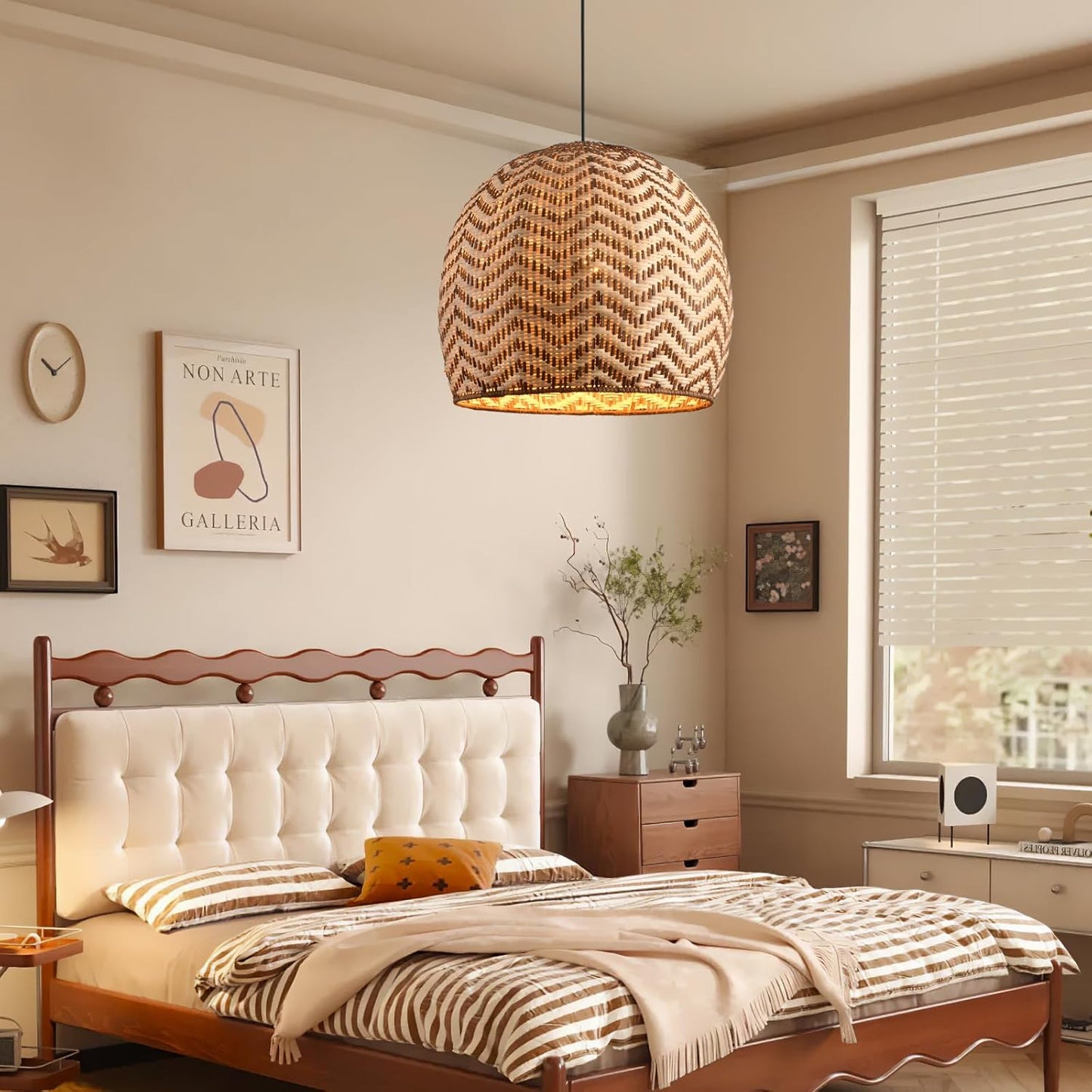 13.77" Rattan Pendant Light 1-Pack Rustic Curry Rattan Hanging Light Hand-Woven Wicker Chandelier for Dining Living Bedroom Kitchen Farmhouse