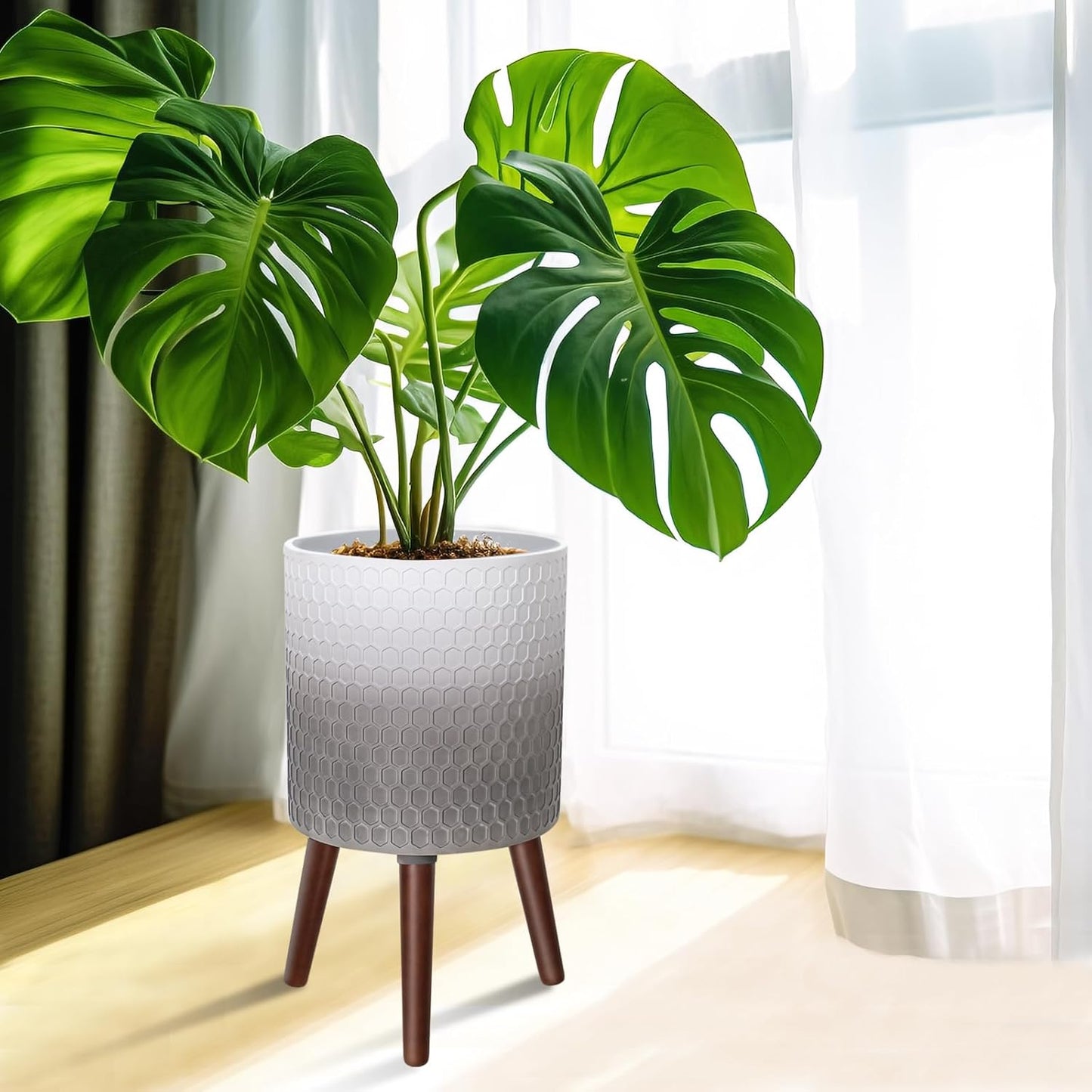 12 Inches Indoor Plant Pot with Walnut Color Stand Honeycomb Embossed Flower Pot with Drainage Holes Large Modern Planters for Indoor Plants-Gradient White Gray