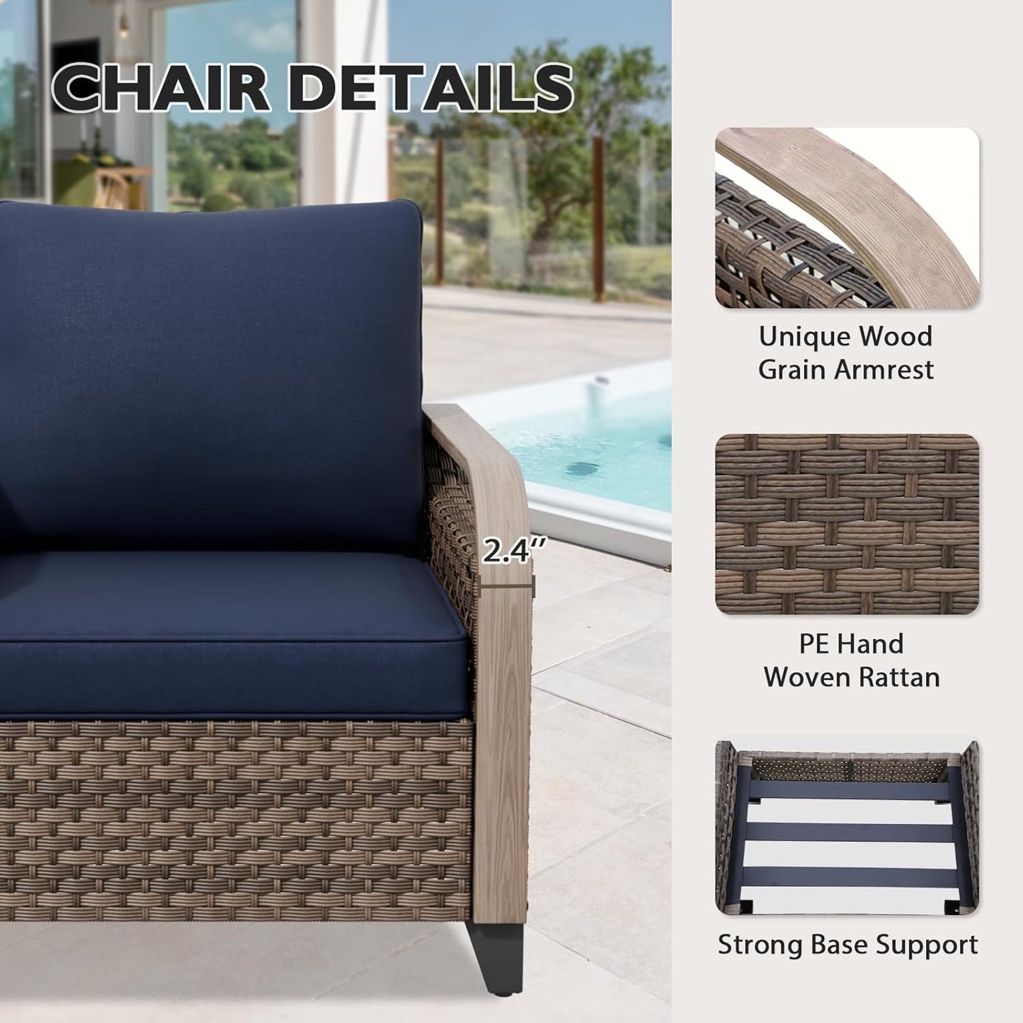 EAGLE PEAK Modern Wicker Outdoor Chair, Patio Chair Curved Armrest, Rattan Patio Furniture for Yard Deck Porch Garden, 2 Chairs 2 Ottomans, 4 Pieces, Brown/Blue