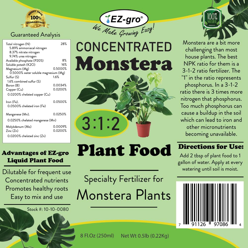 EZ-GRO Professional Liquid Monstera Plant Food - 8 oz | 3:1:2 Ratio of Concentrated Indoor Plant Food | Monstera Fertilizer for Strong Growth | Liquid Fertilizer for Indoor Plants