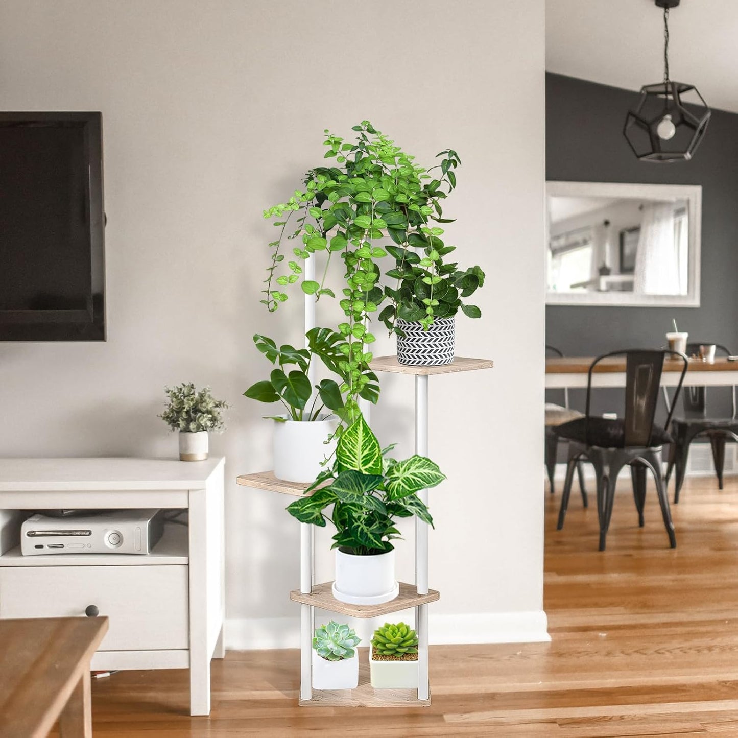 5 Tier Wood Tall Plant Stand Metal Rack Indoor, Multiple Flower Pot Holder Shelves Corner Rack, Planter Shelf Display Rack Storage Organizer for Patio Living Room Balcony Garden(White Oak)