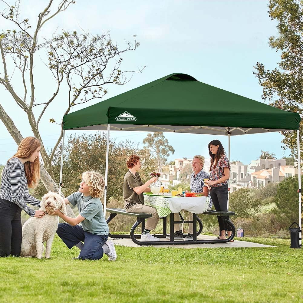 EAGLE PEAK Pop Up Canopy Tent with Wheeled Carry Bag, 8 Stakes, 4 Ropes, 4 Weight Bags, Easy Set Up Tent Canopy, 10x10 ft, 100sqft of Shade, Green