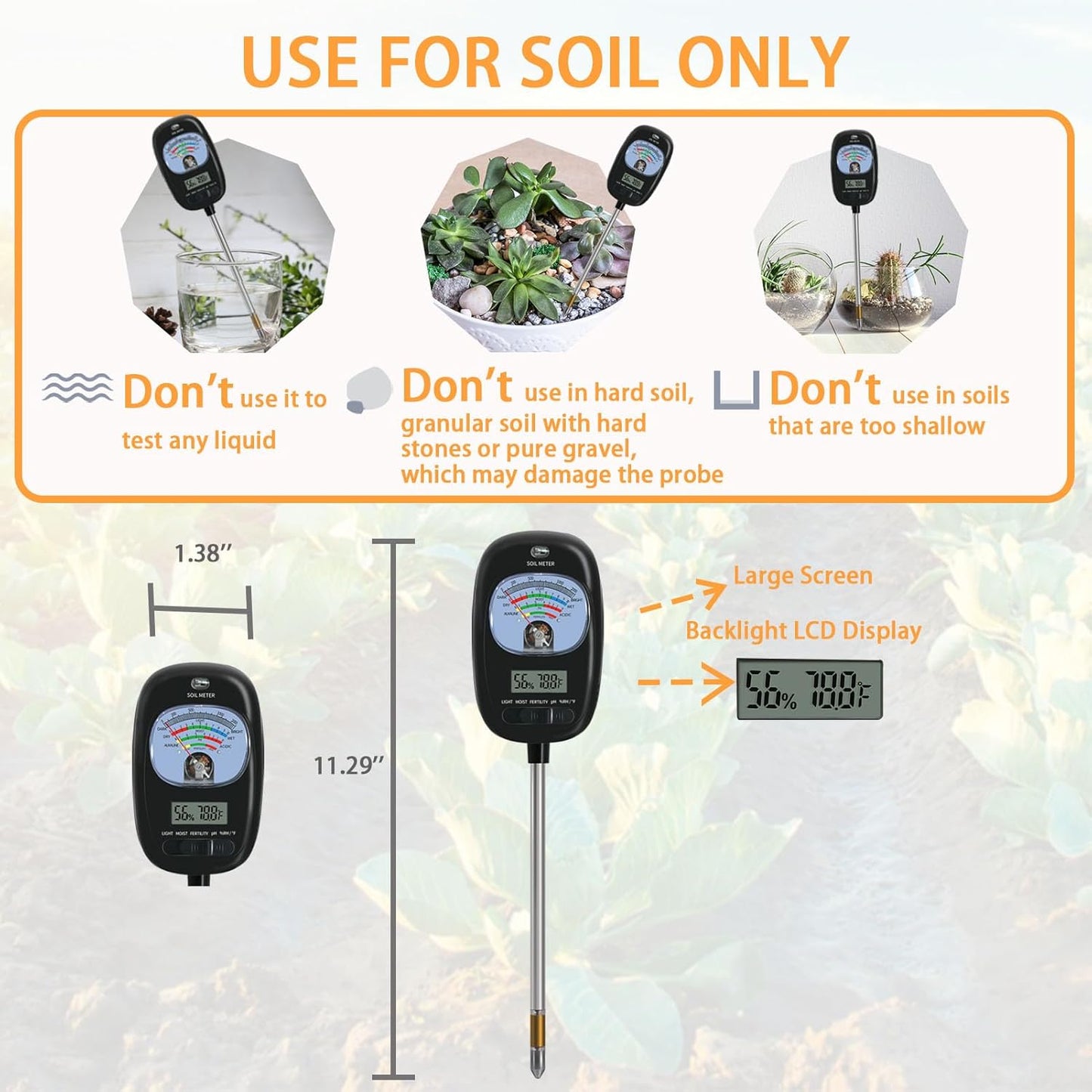 7-in-one Soil Test Kit, Soil Moisture Meter/PH Meter/Sunlight Intensity/Fertility Soil Tester, LCD Display Air & Soil Hygrometer Temperature for Garden, Farm, Lawn Care Moisture Meter for Hous Plants