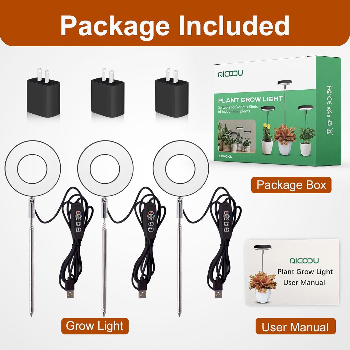 Grow Lights for Indoor Plants Small Potted - Full Spectrum, Auto 3/9/12H Timer, 10-Level Dimming & Adjustable Height - Compact Grow Light for Succulents, Herbs, Foliage in Home/Office (Black,3PACKS)