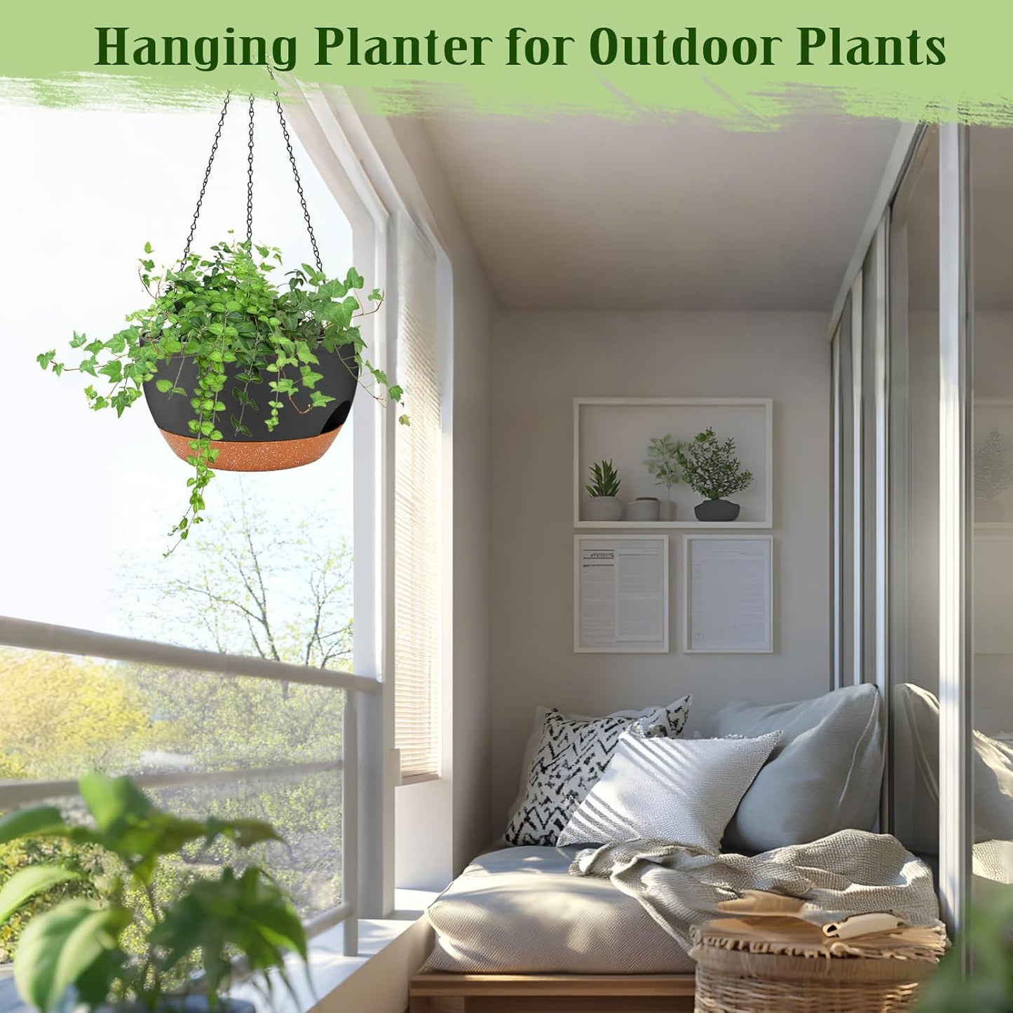 Hanging Planters for Outdoor Indoor Plants, 2 Pack 12 Inch Hanging Basket Plants Outdoor, Self Watering Hanging Planter with Plant Hanger for Garden Home Decoration (Black)