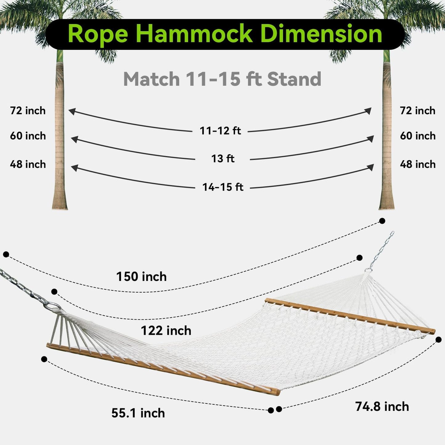 Double Hammock for 2 Person, Handwoven Cotton Rope Hammock with Spreader Bar Without Stand - Indoor & Outdoor Use for Patio, Poolside, Backyard (White)