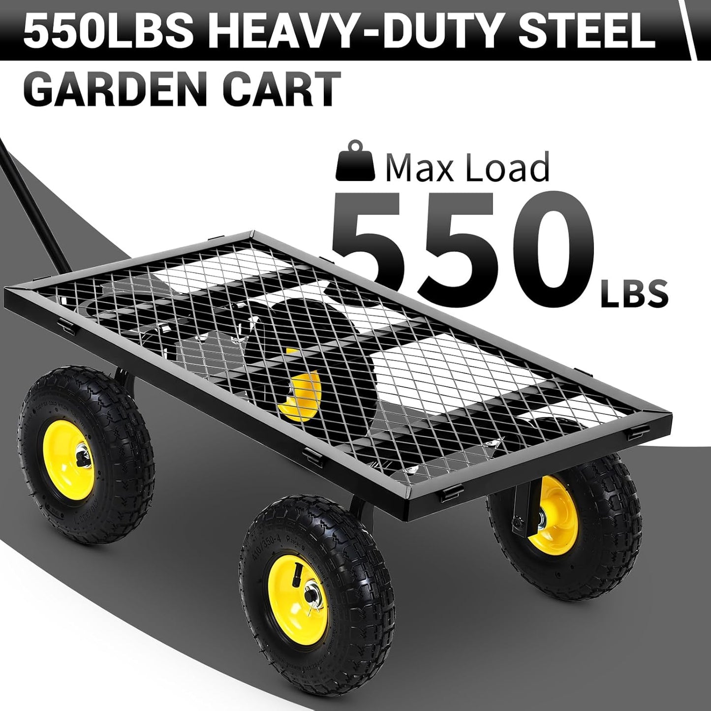 Heavy Duty Steel Garden Cart, 880LBS Pullable Metal Garden Wagon with 10" Wheels, 180° Rotating Handle and Removable Sides for Outdoor, Farm, Yard, Beach 