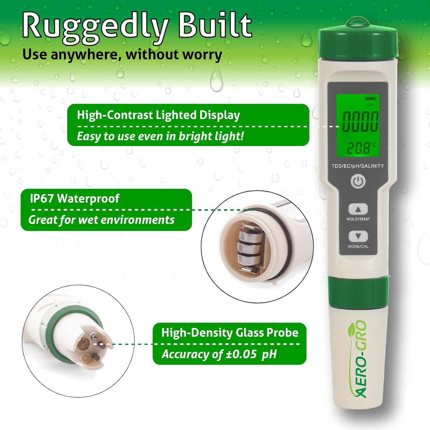 Digital 5-in-1 Meter: 5 Functions: pH, TDS, EC, Salinity%, Salinity ppm, and Temp, IP67 Waterproof, Pen-Type Tester for Hydroponics, Water, Wine, Spas, Aquariums