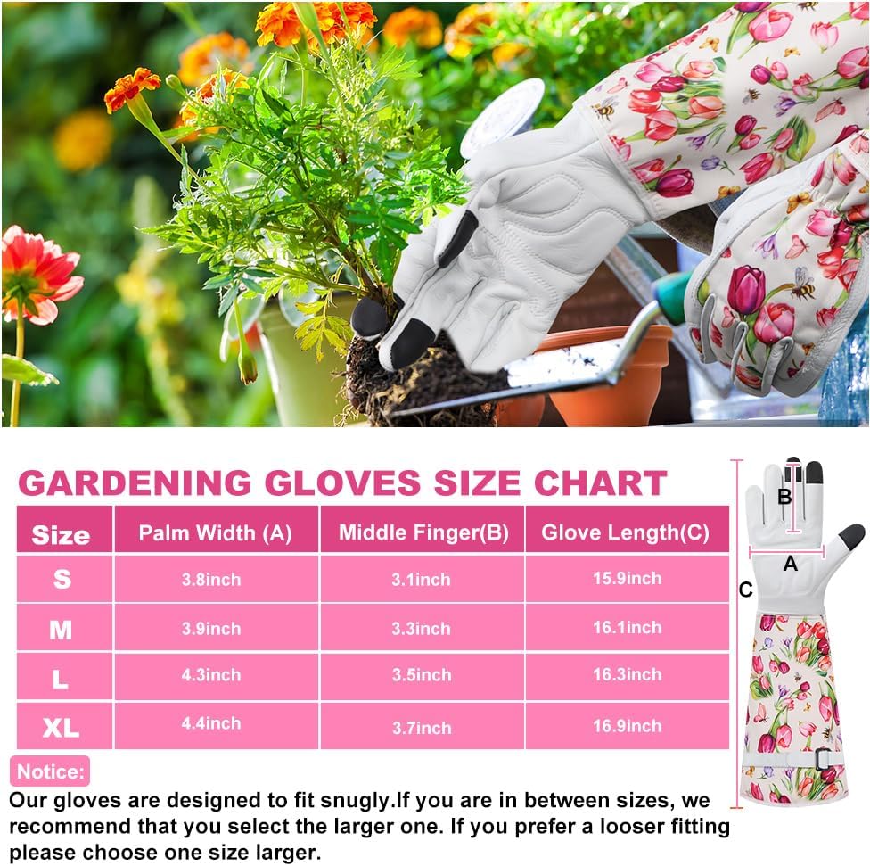 DLY Gardening Gloves for Women, Rose Gloves Gardening Thorn Proof, Long Garden Gloves for Women, Breathable Cowhide Leather Gauntlet(X-Large,White)