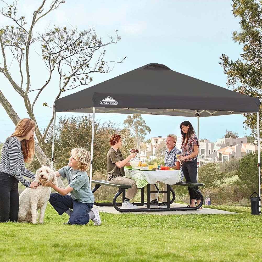 EAGLE PEAK Pop Up Canopy Tent with Wheeled Carry Bag, 8 Stakes, 4 Ropes, 4 Weight Bags, Easy Set Up Tent Canopy, 10x10 ft, 100sqft of Shade, Gray