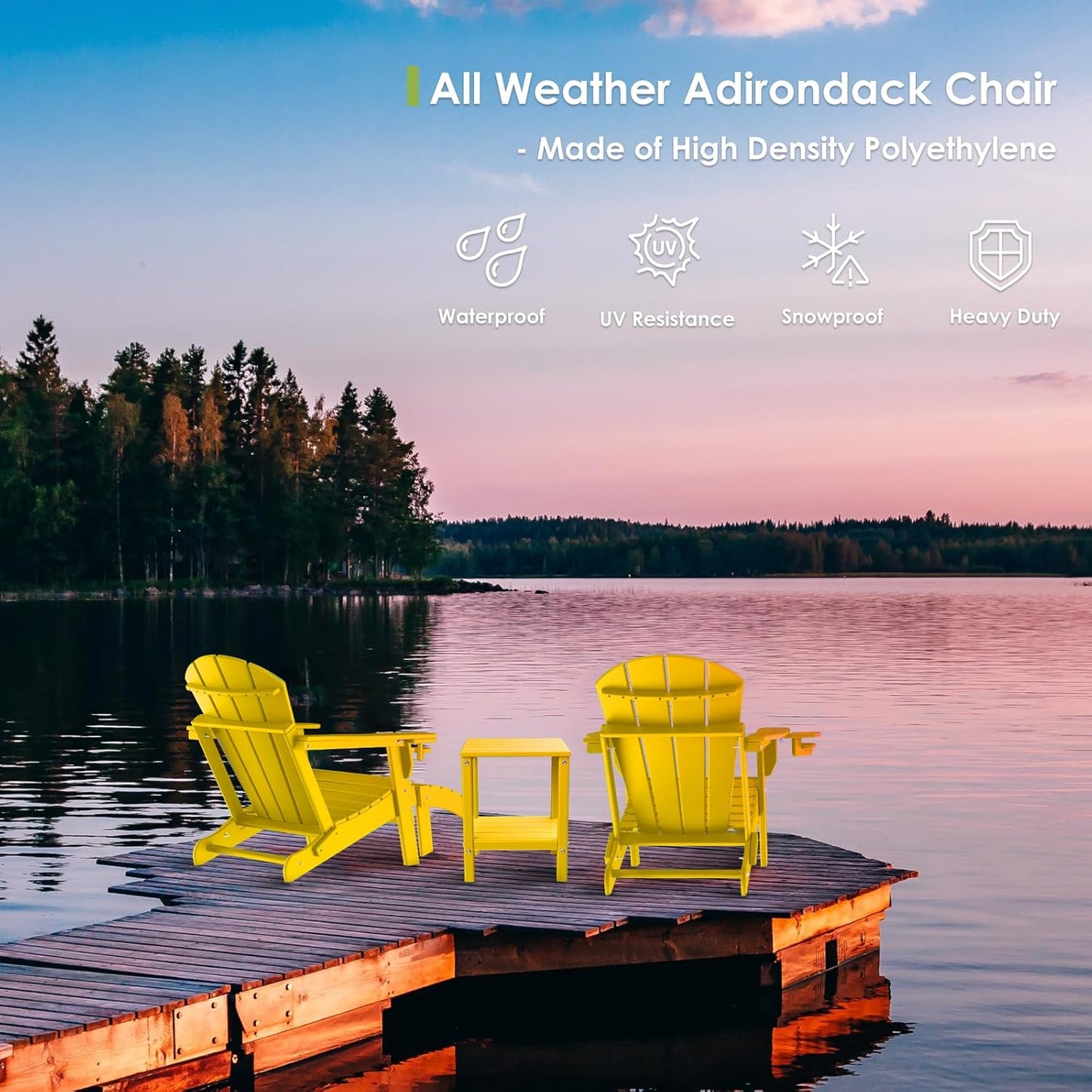 GREENVINES Folding-Adirondack-Chairs-Set-of-4 | HDPE Plastic | Fire Pit Chair | All Weather | Cup Holder | Yellow | for Deck Backyard Patio Outdoor Garden