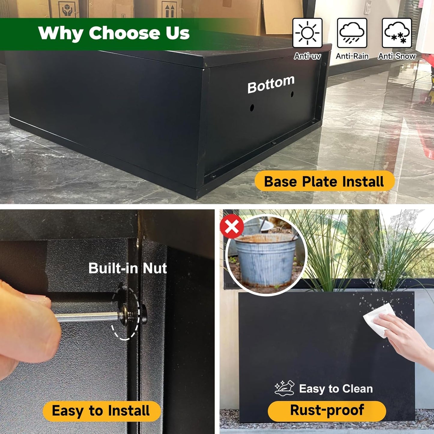 Galvanized Steel Metallic Heavy Planter for Outdoor Plants Metal Outdoor Planter Spliced Flower Box with Partitions for Outside,Indoor,Garden (Black, 32 * 15 * 24)