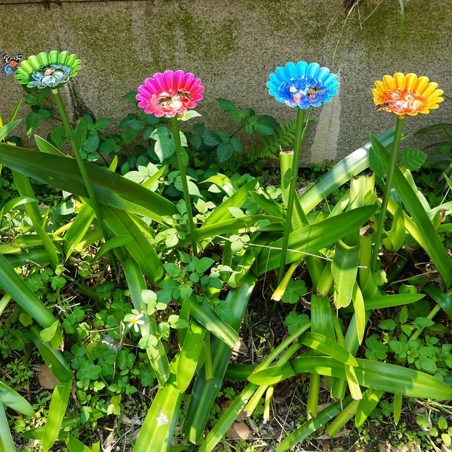 2 Pack Bee Watering Station, Bee Baths for Garden with Glass Marbles, Colorful Metal Butterfly Bird Water Feeder Supplies for Outdoor Garden Yard Farm Decor Flower Design (Blue,Yellow)