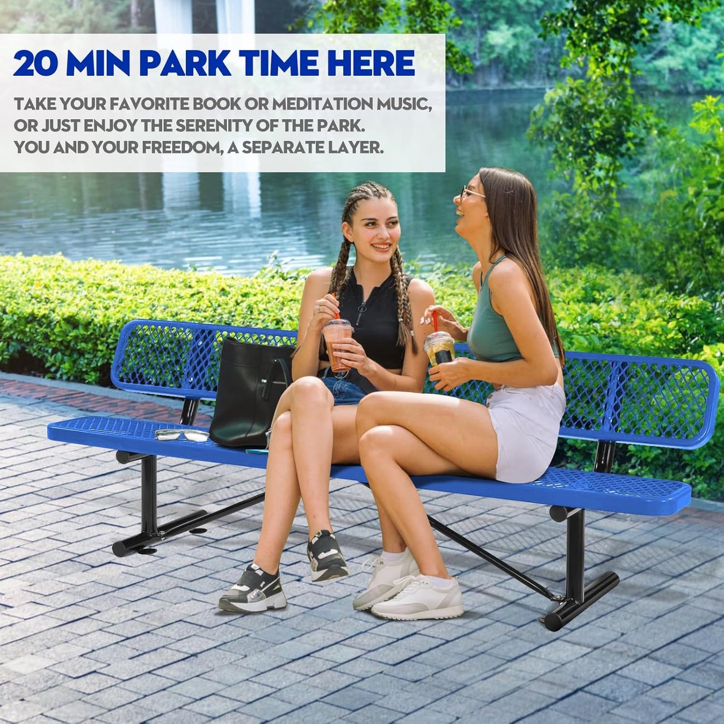 Drexo 8FT Heavy Duty Park Bench with Back Portable Frame, Outdoor Metal Park Bench with Backrest, Steel Mesh Outdoor Bench for Garden, Lawn, Patio, Porch, Park, Yard, Blue