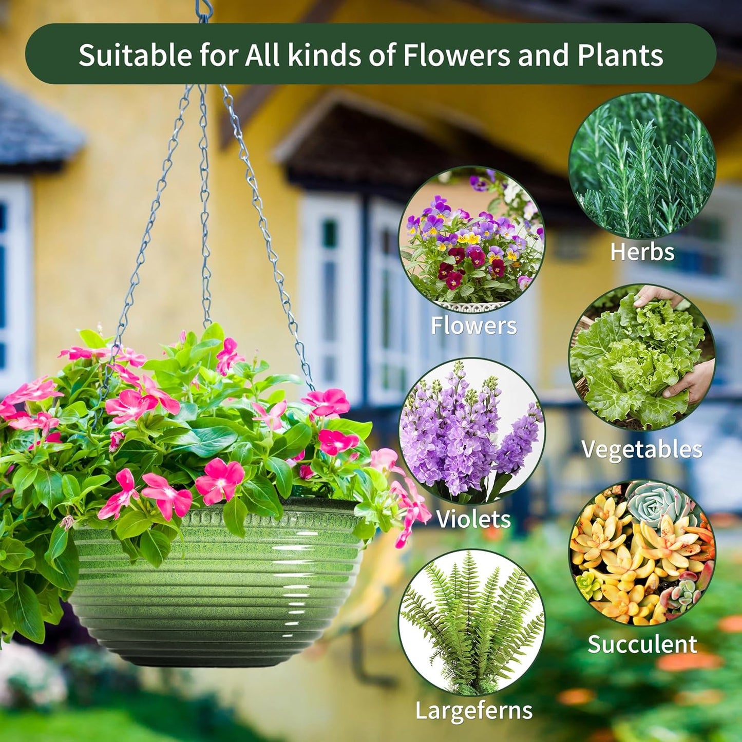 12 inch Hanging Planters for Indoor Outdoor Plants, 2 Pack Large Hanging Flower Pots with Drainage Holes and Chain, Glazed Hanging Baskets for Home Garden Decoration, Green