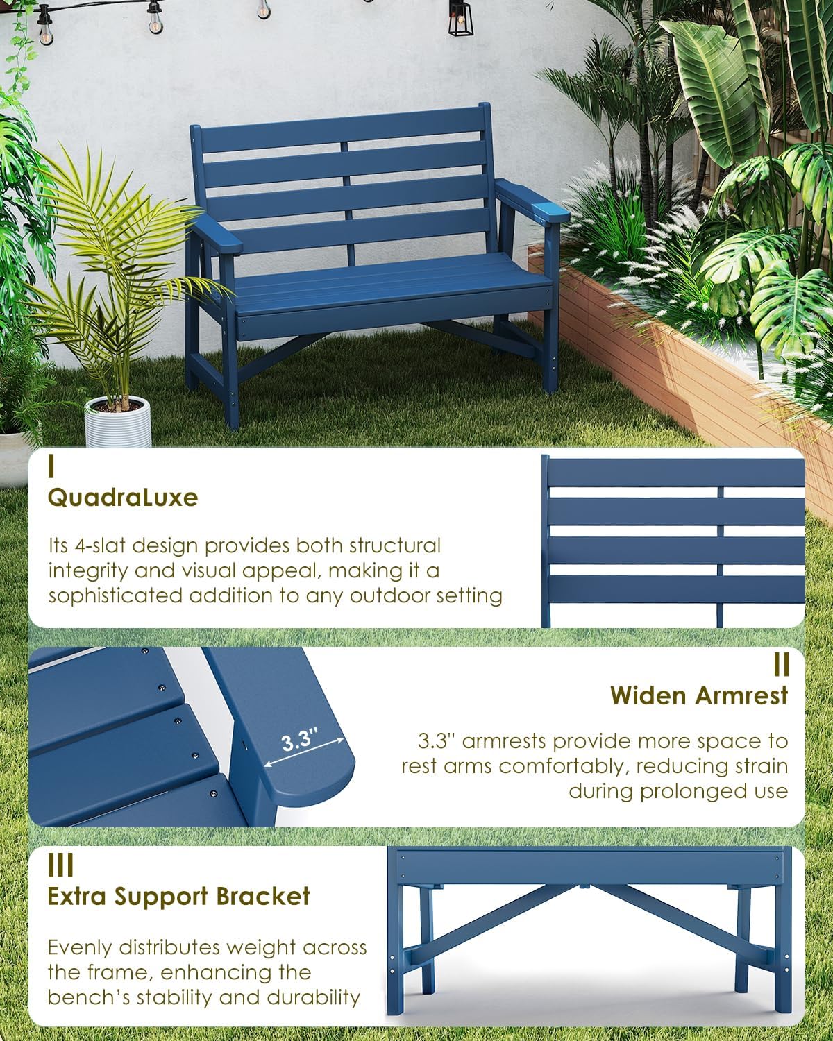 GREENVINES Outdoor Bench | 51.5’’ | HDPE | Garden Benches | Weatherproof | for Outdoors Patio Park Porch Outside Backyard | 2-Person | Blue