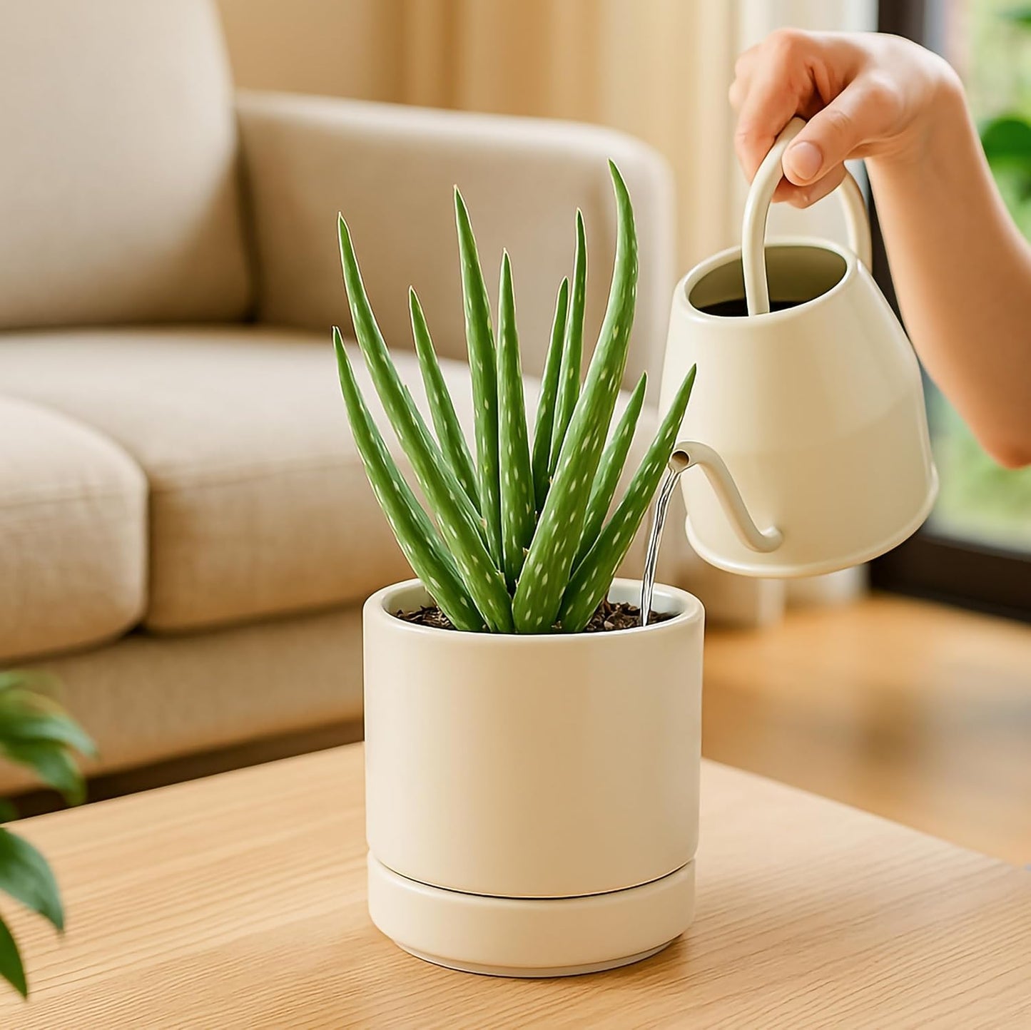 D'vine Dev Set of 4 Small Ceramic Plant Pots, 4.6 Inch Succulent Planter Pot for Plants with Drainage Hole and Saucer, Oatmeal, 94-X-B-8