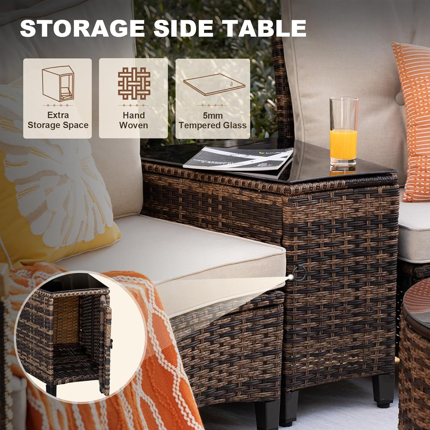 11 Piece Outdoor Patio Furniture Set, Half-Moon Curved Sectional Sofa Rattan Conversation Set with Wood Armrests, Coffee Table & 2 Side Table(Brown)