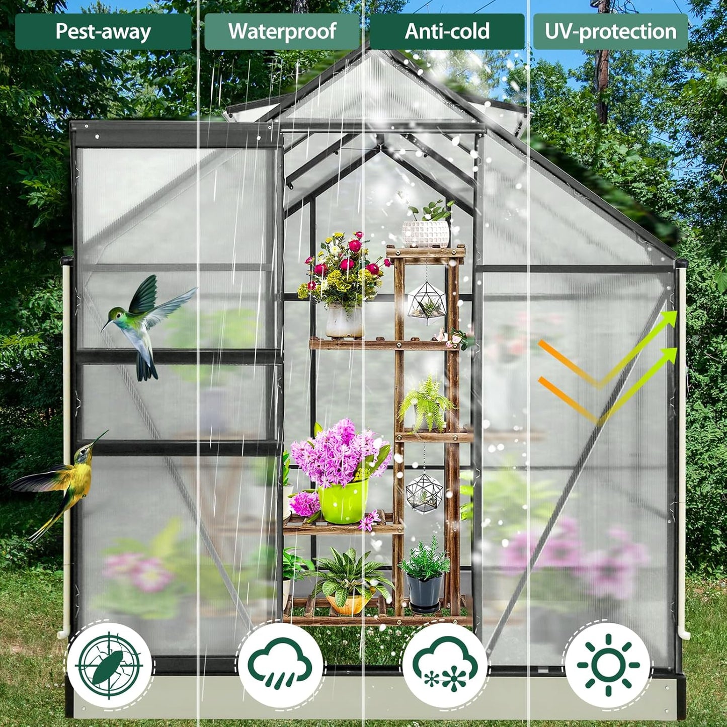 EAGLE PEAK 6x6x7 Outdoor Walk-in Hobby Greenhouse with Adjustable Roof Vent and Rain Gutter, Base and Anchor, Polycarbonate Aluminum Green House for Backyard Garden, Gray