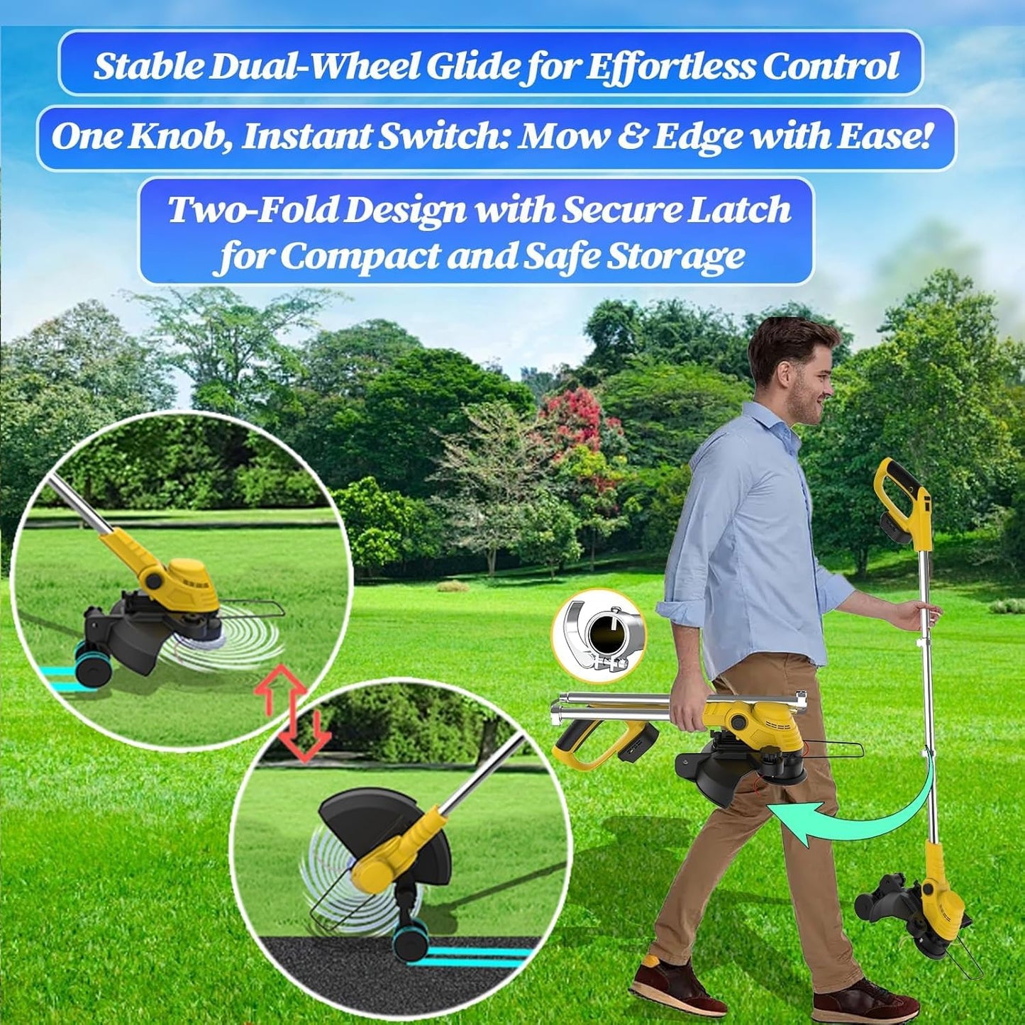 20000 RPM(4.0AhX1) Electric Weed Wacker,Dual-Durable-Line,Metal Blades,Wheel,4-in-1 Battery Powered Weed Eater Cordless+String Trimmer+Edger Lawn Tool+Brush Cutter,Weed Whacker,Weed Trimmer Lawn