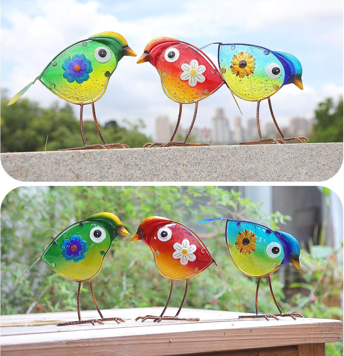 Bird Garden Decor for Outside, Glass & Metal Yard Art Decorations Outdoor Decor for Patio Backyard, Gift for Women Grandma Mom(3 Pack)