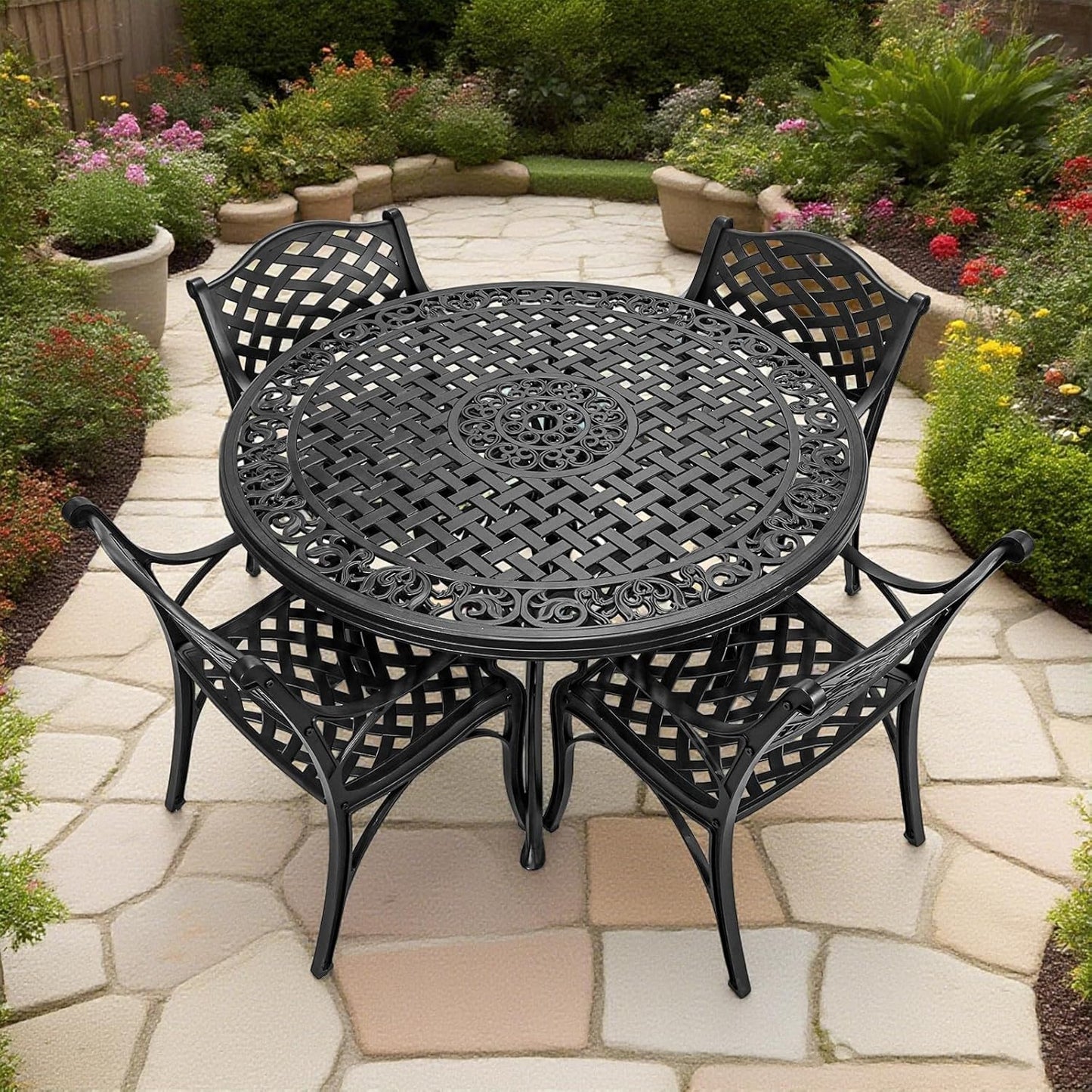 5 Pieces Cast Aluminium Patio Dining Set for 4-6 Person,Round 48" Patio Table and Chairs Set of 4 with 2.3" Umbrella Hole,Outdoor Patio Furniture Dining Set for Porch Backyard Deck, Black