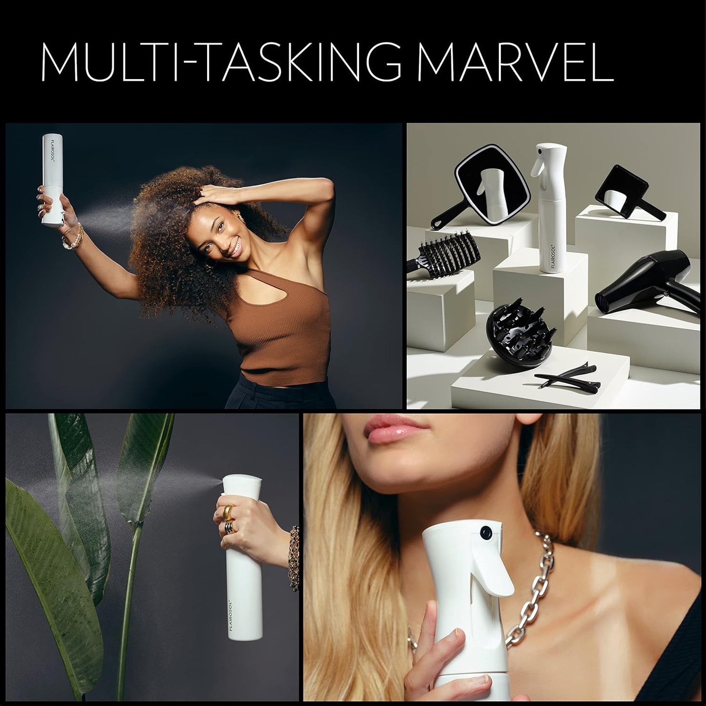 FLAIROSOL - The Original, Spray Bottle for Hair, Continuous Ultra Fine Water Mist Sprayer for Hairstyling, Barbers, Salons, Cleaning, Plants, 10.1oz/300ml (White Bottle-Coral Print)