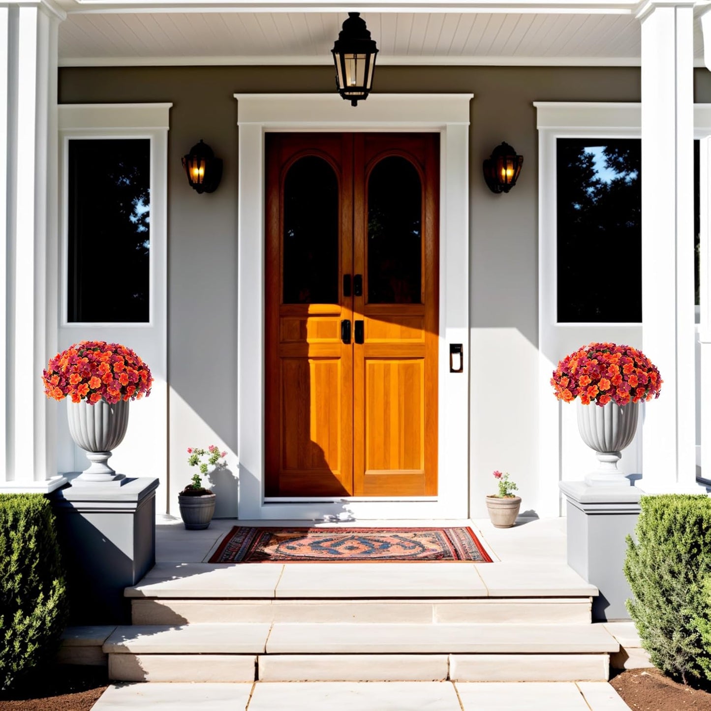 Fall Artificial Hanging Flowers with 12" Basket for Outdoor Decor, Fake Hydrangea UV Resistant Arrangements in Pot Planter Decor for Indoor Porch Garden Yard(Orange Brown)