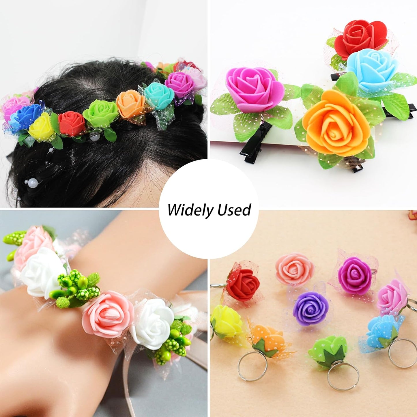 500 Pcs 0.6 Inch Mini Artificial Flowers Head Bulk 5 in 1 Set Faux Foam Fake Small Rose Tiny Baby Flores Bouquet Wreath Gift Hair Clip Home Decoration DIY Craft (Sky Blue)