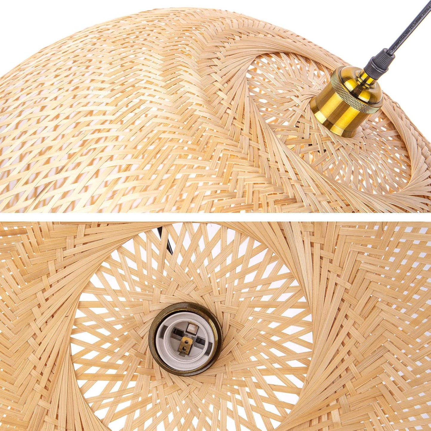 Arturesthome 15.7" Bamboo Pendant Lights, Round Wicker Chandelier, Hand-Woven Boho Basket Lampshade Hanging Ceiling Light for Kitchen Island Living Room
