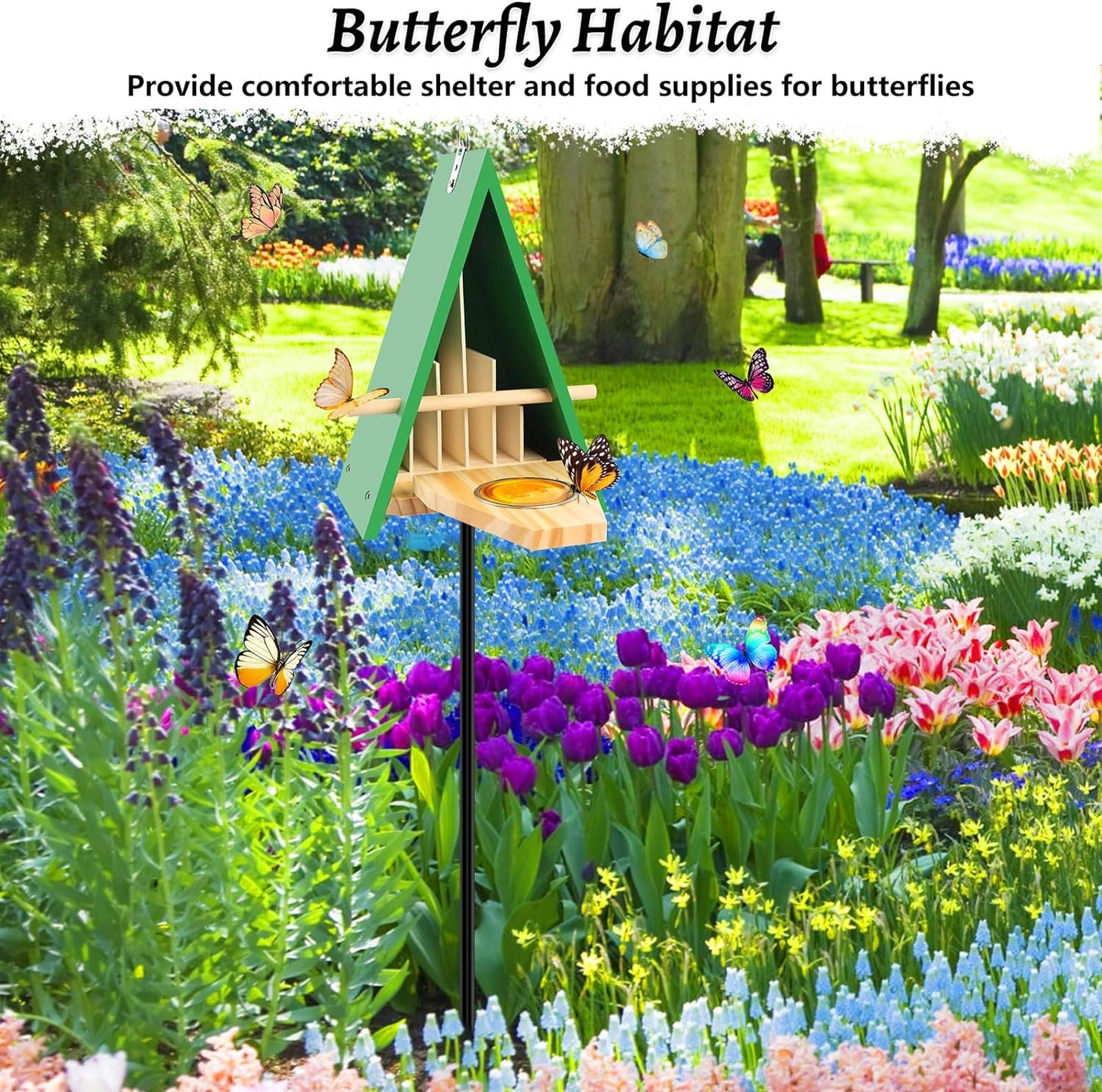2025 New Butterfly House and Feeder for Outside, Wooden Butterfly House with Metal Stake for Garden, Natural Butterfly Habitat with Butterfly Puddler on The Floor or Hanging on Tree Wall