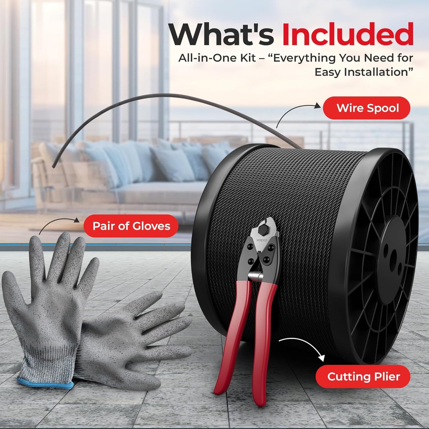 500FT 1/8" T316 Stainless Steel Cable - 7x7 Strands Wire Rope - Black Phosphate Coating - Cable Cutters & Gloves Included - Aircraft Cable for Indoor & Outdoor - Cable Railing Stair Deck